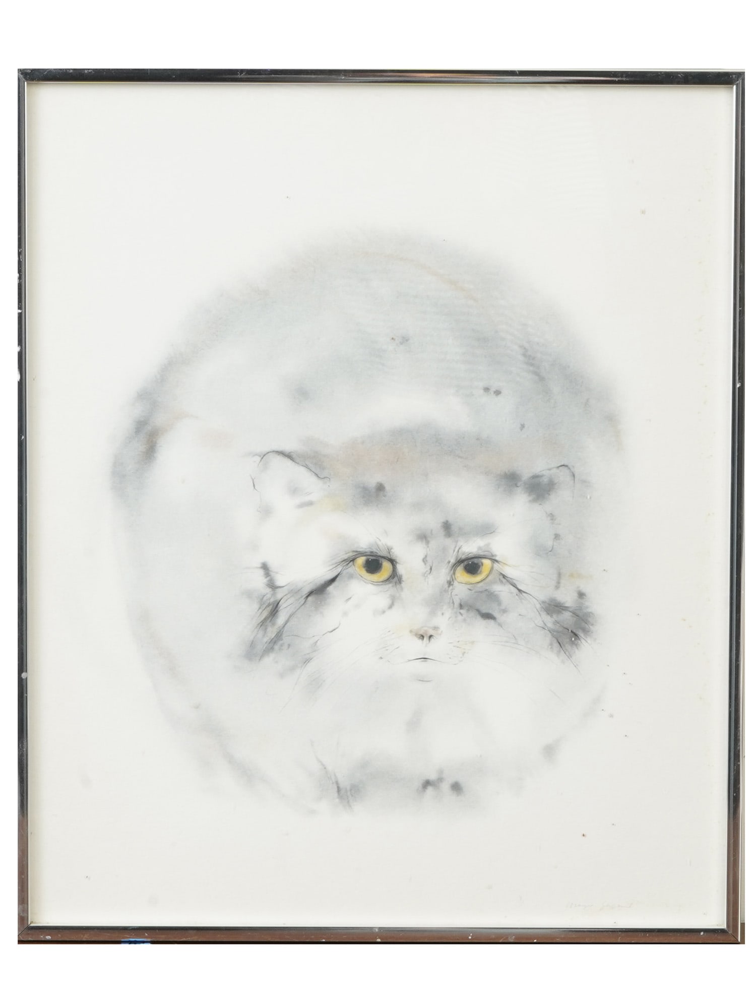 VINTAGE AMERICAN CAT PORTRAIT WATERCOLOR PAINTING: A vintage American cat portrait watercolor painting. Circa the late 20th century, 1970s. The painting depicts a portrait of a large, fluffy cat. Illegible pencil signature lower right. On the back is 