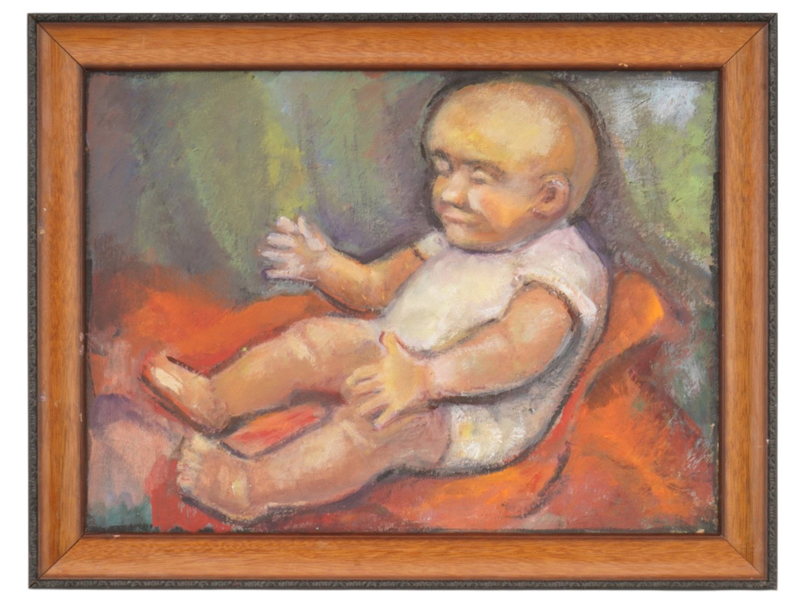 OIL PORTRAIT PAINTING BY DUFFY CHU MOHLER 1990: A vintage oil on canvas Impressionist portrait painting by Duffy Chu Mohler, 1990. The impressionist manner painting depicts a baby in a white T-shirt with his eyes closed. Signed Duffy Chu Mohler on 