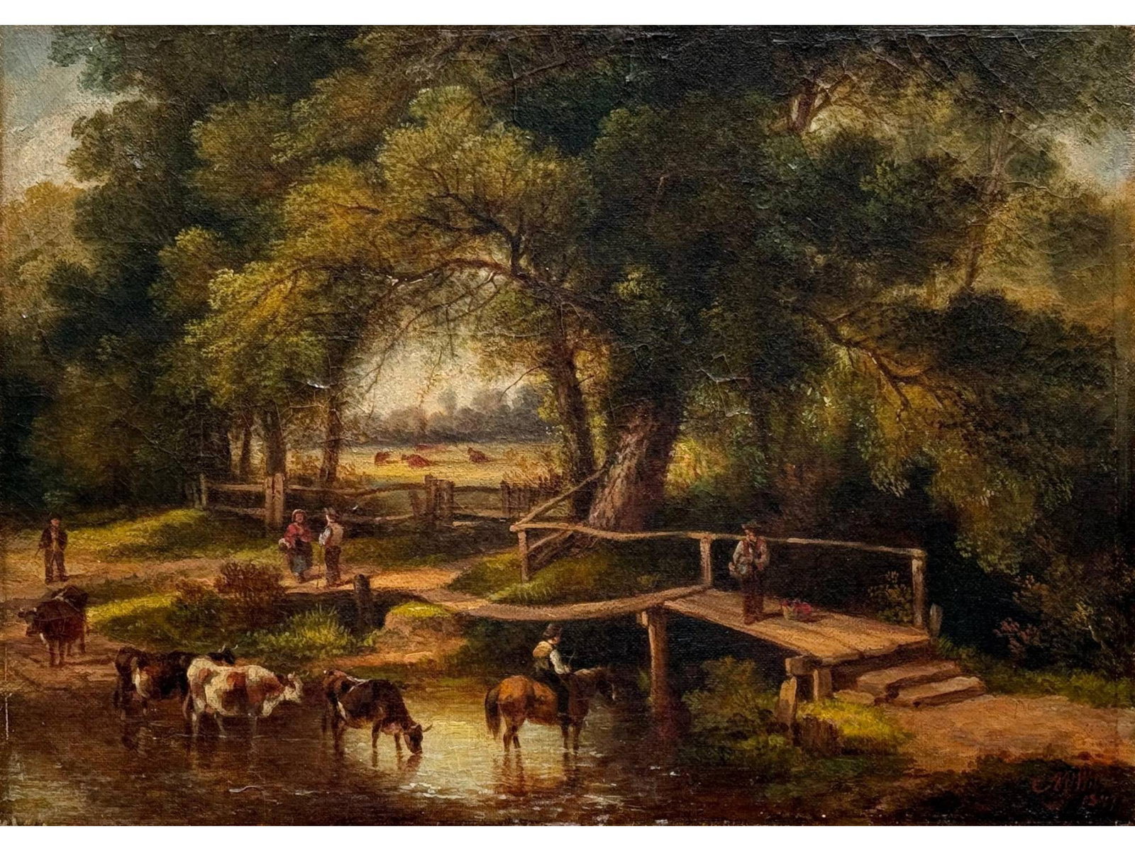 ENGLISH OIL PAINTING BY EDMUND AYLBURTON WILLIS: Edmund Aylburton Willis, British, 1808 to 1899, an oil painting on canvas depicting a genre scene in a pastoral landscape. Signed and probably dated, lower right. Edmund Aylburton Willis was a British