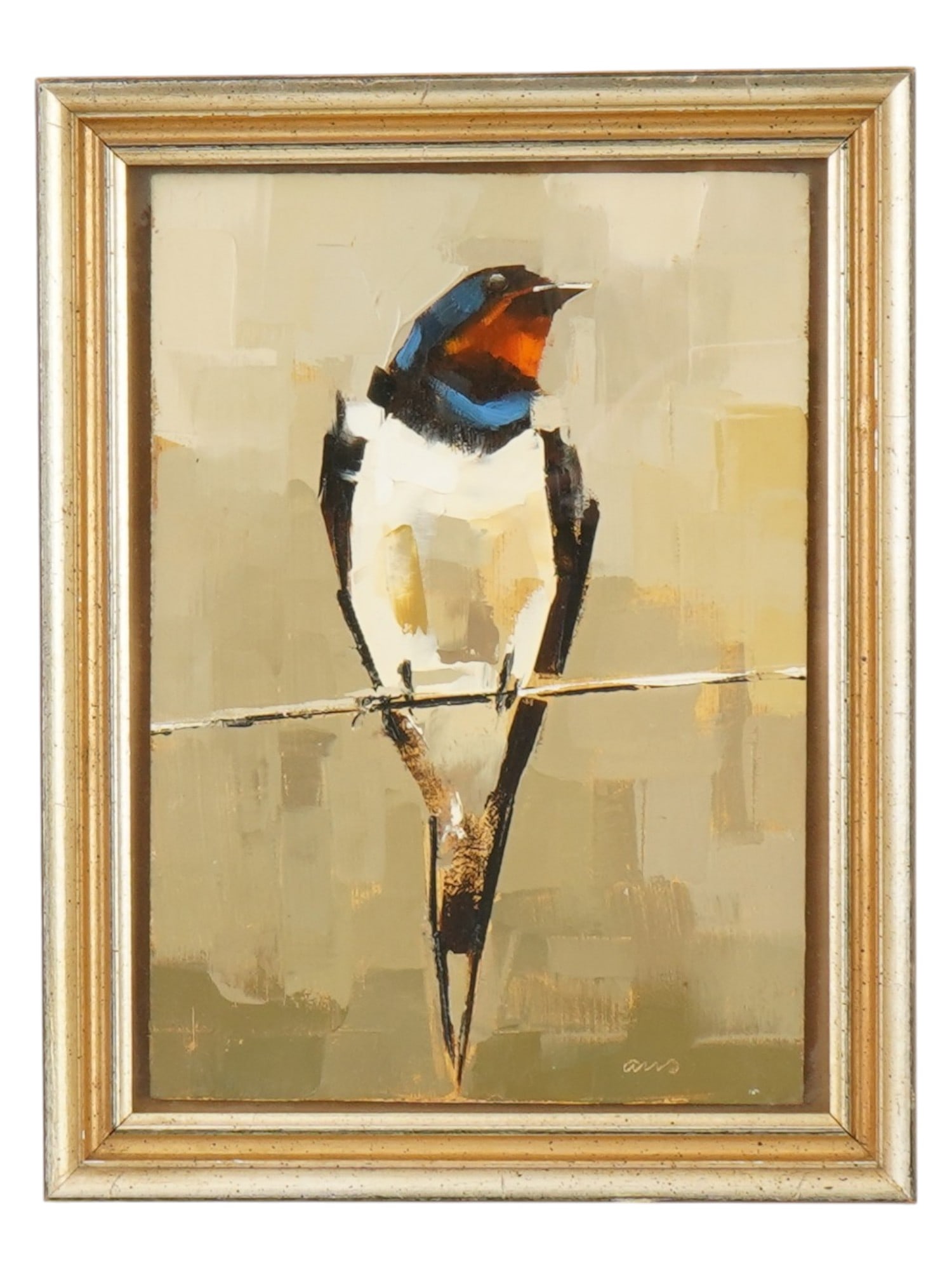 DUTCH OIL SWALLOW BIRD PAINTING BY ANS DEBIJE: A vintage Dutch oil on board swallow bird painting by Ans Debije. Signed Ans lower right. Hand-signed with the title Godsend and stamped with the name of the artist. The painting depicts a barn swallo