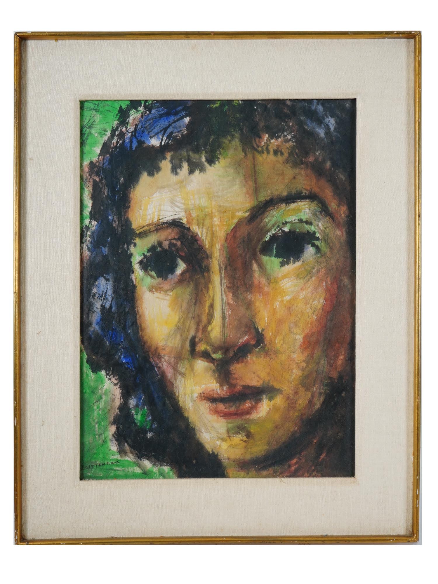 AMERICAN SCHOOL MIXED MEDIA PAINTING SIGNED BY ARTIST: An American School mixed media painting on paper depicting a female portrait. Signed by the artist, Brittenham, lower left. Framed. American Fine Art, Portrait Paintings, and Collectibles. One of a ki