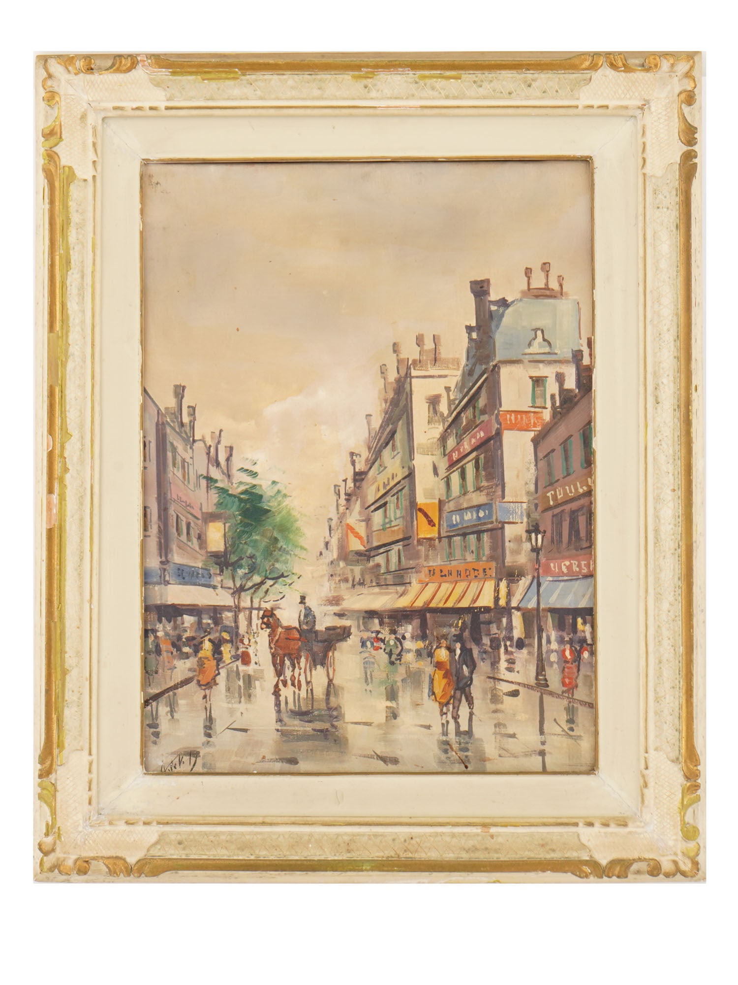 VINTAGE ITALIAN OIL PAINTING SIGNED ANTONIO DE VITY: A vintage oil on canvas cityscape painting signed Antonio De Vity, 1901 to 1993 Italian artist. The painting depicts a bustling Parisian boulevard filled with figures and horse-drawn carriages. Execut