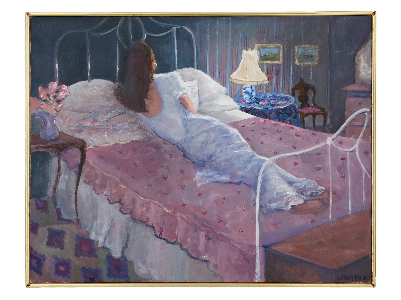 OIL PAINTING SIGNED BERNHARD 1982 RECLINING WOMAN: An oil painting on canvas, signed Bernhard and dated 1982 lower right, depicting a reclining woman on a bed. Framed for display. Modern Paintings And Art Collectibles. THIS LOT IS ELIGIBLE FOR A 30-DA