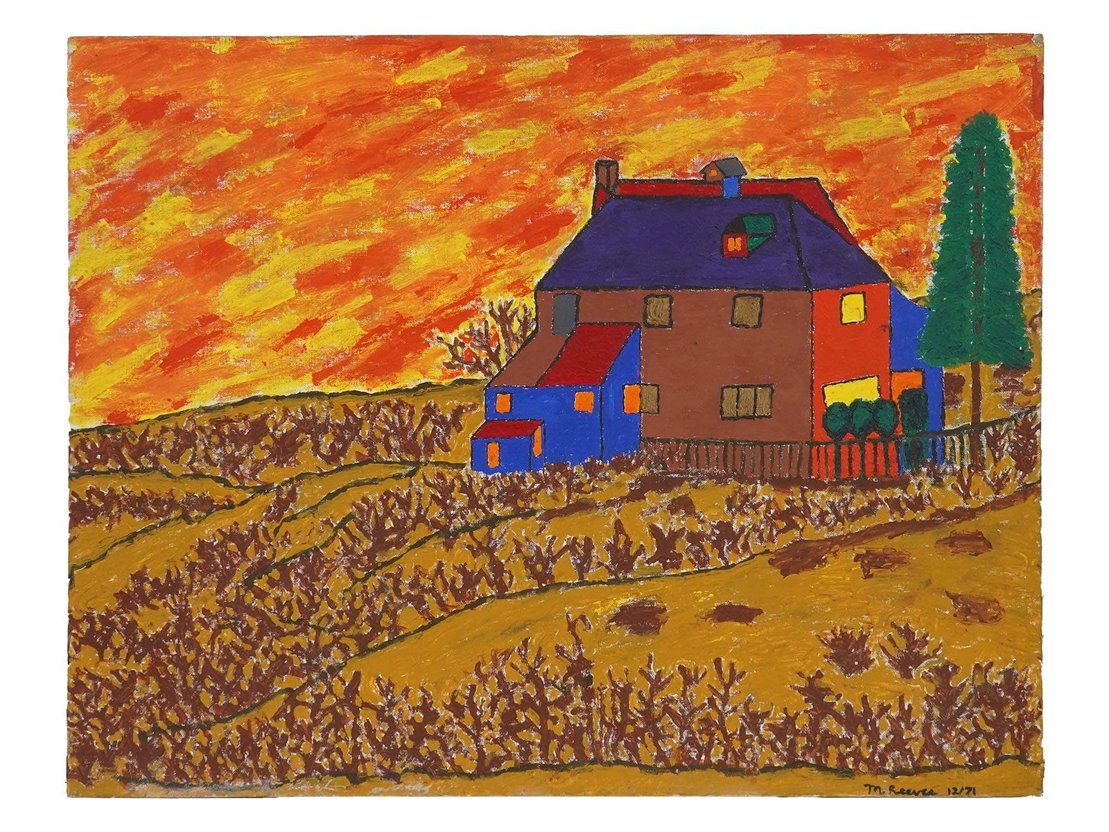 VINTAGE PRIMITIVIST OIL PAINTING BY M REEVER: A vintage primitivist oil painting on masonite by M. Reever. The painting depicts a vibrant landscape with a house. Signed by the artist and dated 12.1971 lower right. Modernist Fine Art for Wall Deco