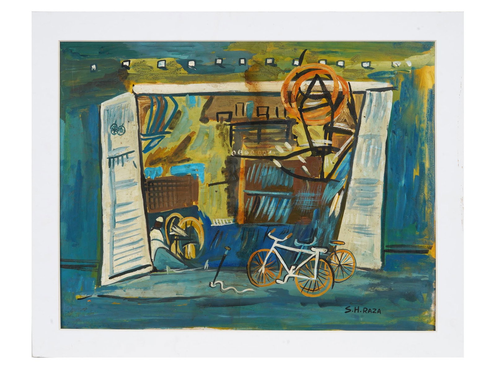 AFTER SAYED HAIDER RAZA INDIAN CITYSCAPE PAINTING: Gouache on board painting. After Sayed Haider Raza, or S.H. Raza, 1922 to 2016, an Indian artist based in France, member of the Bombay Progressive Artists Group. The artwork depicts the entrance of a 