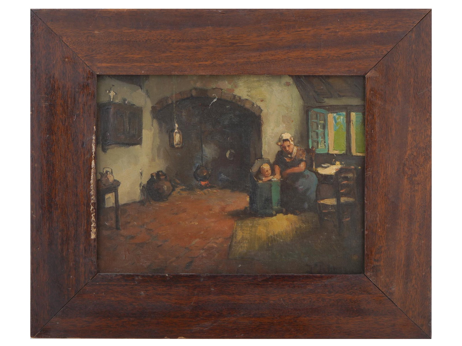 ANTIQUE DUTCH INTERIOR SCENE OIL PAINTING SIGNED: Oil on canvas painting. Early 20th century. The artwork depicts an interior scene with a woman and child in Dutch Golden Age style. Illegibly signed in the lower right. Framed. Collectible Fine Art An