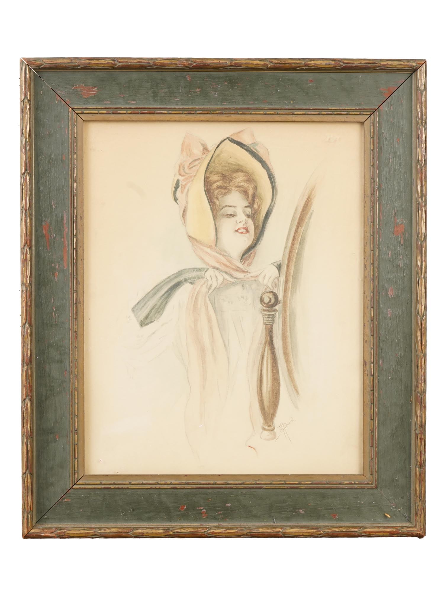FEMALE PORTRAIT WATERCOLOR PAINTING SIGNED DURANT: Watercolor and graphite on paper painting. European, early 20th century. The artwork depicts a young woman adjusting her hat in front of a mirror. Signed in the lower right, M. Durant. Framed. Collect