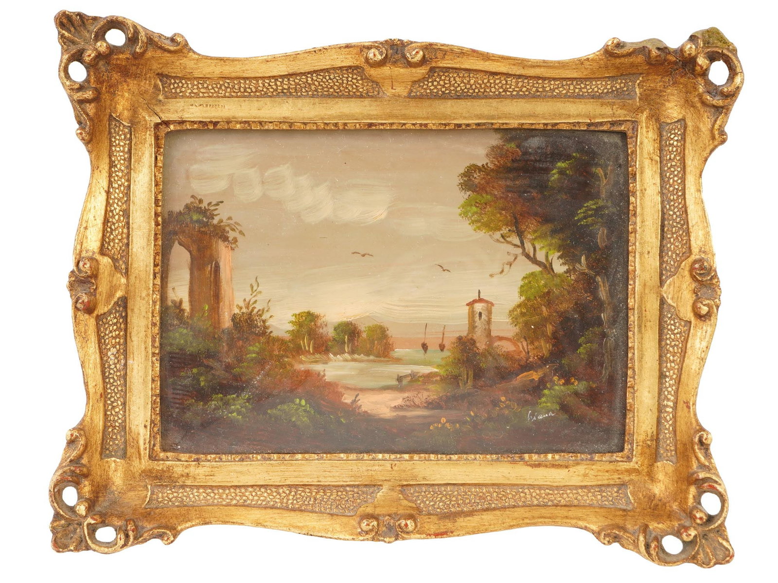ANTIQUE EUROPEAN OIL LANDSCAPE PAINTING BY LIANI: An antique European school oil on canvas original landscape painting by Liani. The miniature painting depicts a Romantic landscape with architectural ruins, a pond and trees. Signed lower right. Addit