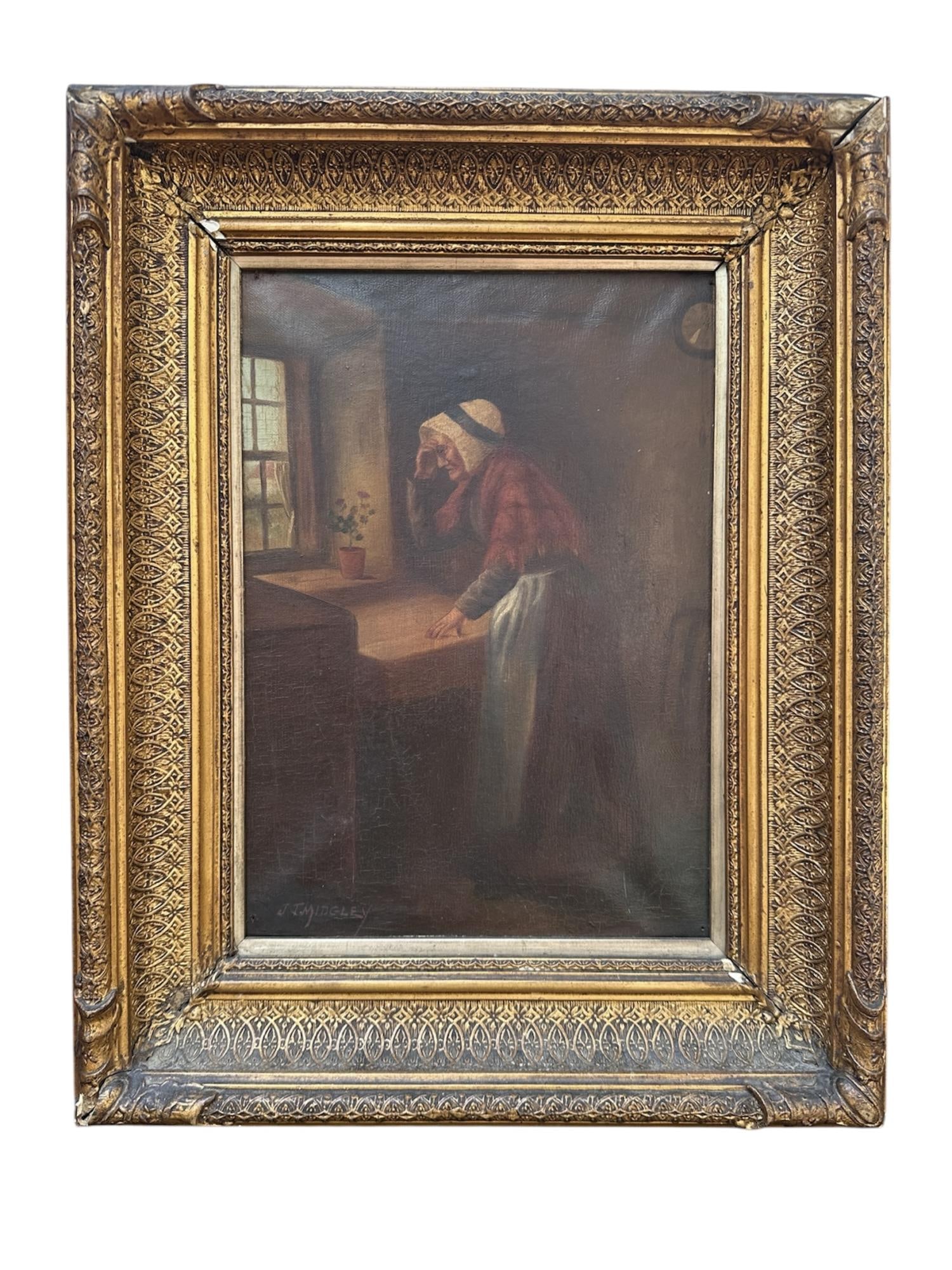 ANTIQUE OIL PAINTING ON CANVAS BY TYNDELL MIDGLEY: Antique oil painting on canvas by James Tyndell Midgley (British, 1870-1960).Canvas shows slight craquelure, some losses to the frame, but still in a pretty good overall condition. Signed lower left. 