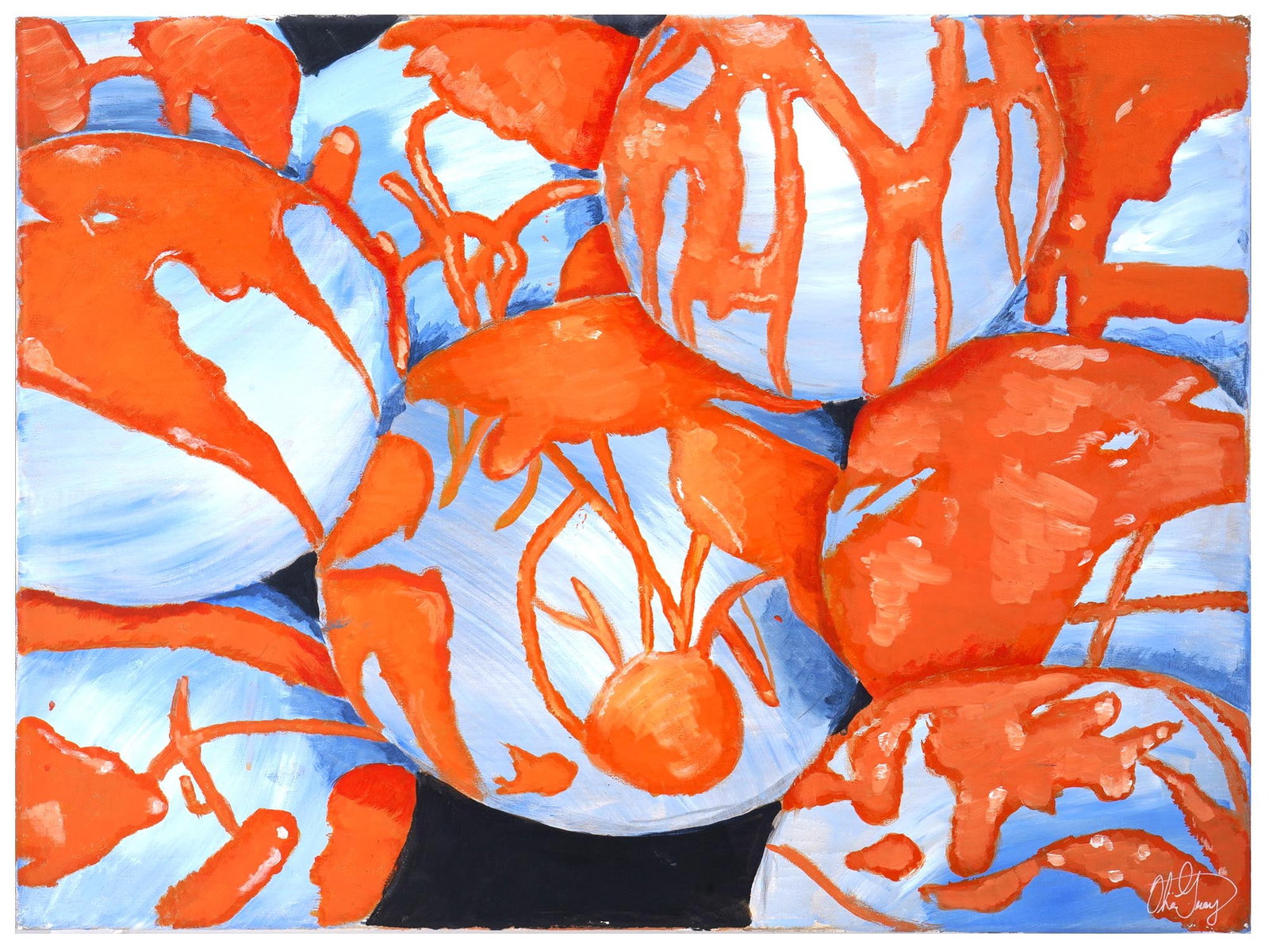 CONTEMPORARY ABSTRACT ACRYLIC PAINTING SIGNED: Acrylic on canvas painting. American, early 21st century. The artwork represents a composition of blue bowls with abstract red motif. Illegibly signed by the artist in the lower right. Collectible Fin