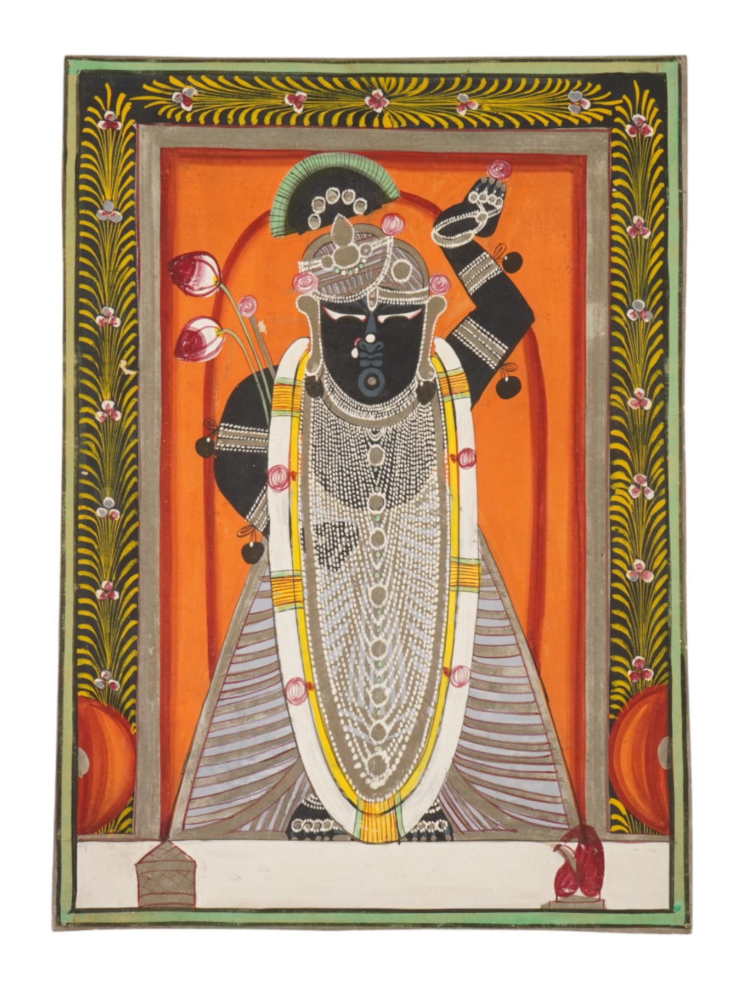ANTIQUE INDIAN MUGHAL MINIATURE PAINTING W KRISHNA: An antique Indian Shrinathji miniature painting. Late Mughal Empire period, early to the late 19th century. The artwork depicts the child Krishna Shrinathji lifting Govardhana Hill with the little fin