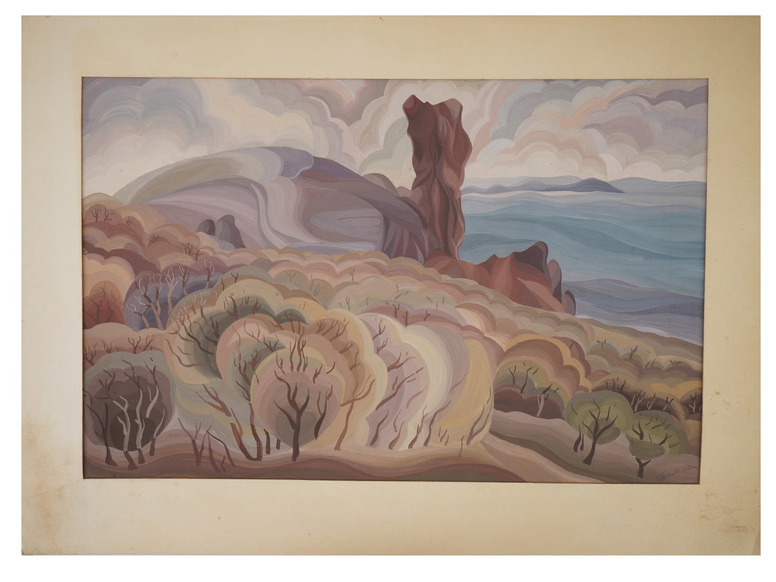 RUSSIAN LANDSCAPE TEMPERA PAINTING BY TITOVA 1984: A tempera on paper painting signed Titova A. R., born 1926, depicts a stylized coastal landscape, titled Crimea. Koktebel. Sphinx. The composition is characterized by rhythmic, undulating forms in the
