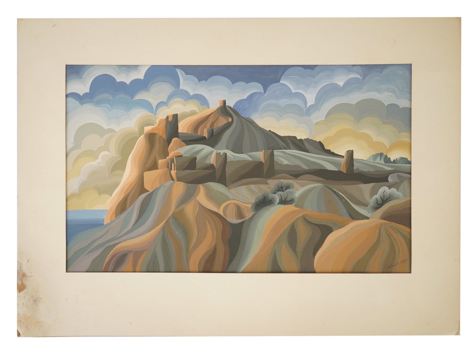 RUSSIAN LANDSCAPE TEMPERA PAINTING BY TITOVA 1982: A tempera on paper painting signed Titova A. R., born 1926, depicts a stylized mountain landscape featuring a series of fortified structures, executed with a palette of ochre, slate blue, and muted ea