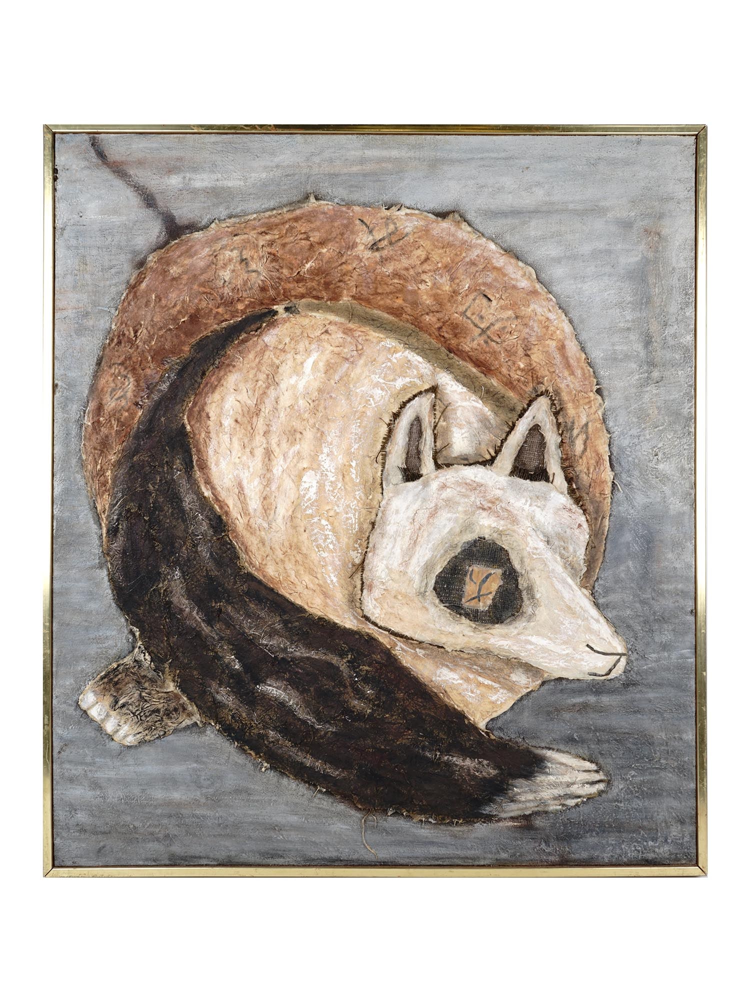 FRAMED MIXED MEDIA PAINTING ON CANVAS RED PANDA: Mixed media painting on canvas representing a red panda. Chinese hieroglyphs are depicted on the body of the animal. Titled Panda on the backside. Golden metal frame. Collectible Abstract Contemporary