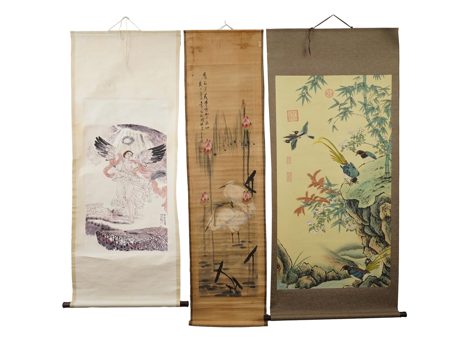 GROUP OF THREE VINTAGE CHINESE SCROLL PAINTINGS (1 of 8)