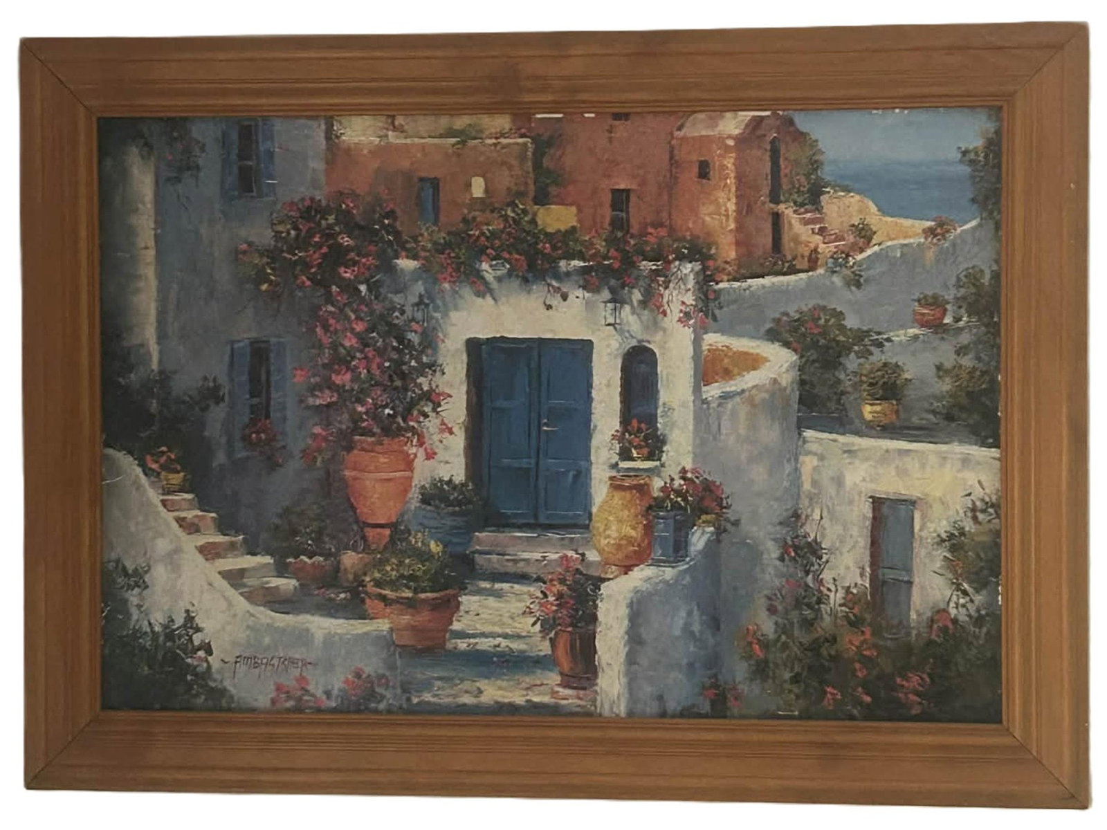 MEDITERRANEAN COURTYARD PAINTING SIGNED AMBAGTSHEER: An oil on canvas painting depicting a Mediterranean-inspired courtyard scene in the manner of Santorini architecture. The scene is rendered in an impressionistic style, depicting whitewashed architect