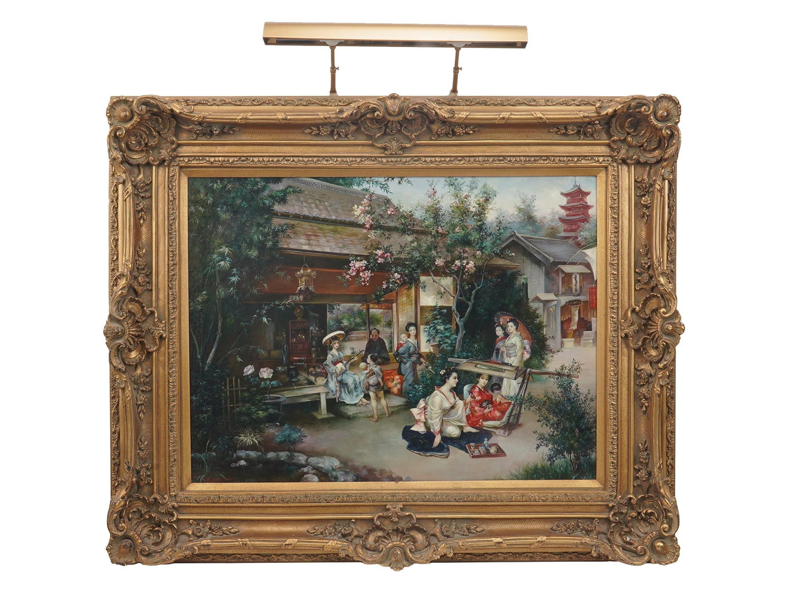 OIL PAINTING JAPANESE COURTYARD SIGNED BY ARTIST: A large exceptional quality oil painting on canvas depicting a Japanese family garden scene. Signed by the artist, Gabernini, lower left. Framed. Completed with a built in lamp. Provenance: World Auct