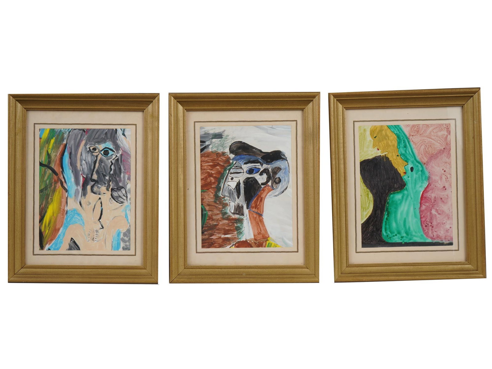 AFTER PABLO PICASSO MIXED MEDIA PAINTINGS FRAMED: A lot of three mixed media artworks on paper. After Pablo Picasso, 1881 to 1973, a Spanish Modernist artist. The pieces depict abstract compositions with recognizable images from Picassos work. Unsign