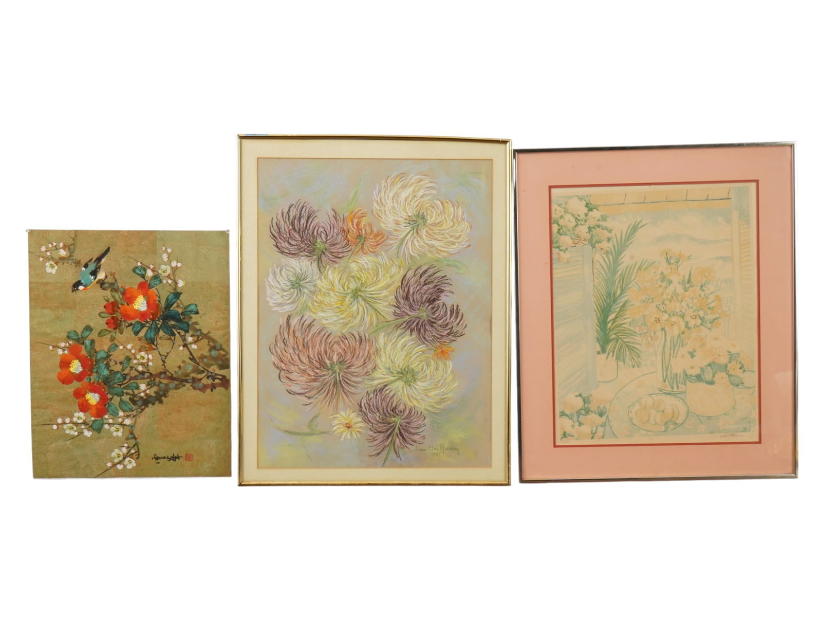 PASTEL AND WATERCOLOR ON PAPER SIGNED PAINTINGS: A lot of three pastel and watercolor on paper signed paintings. The lot contains an Asian watercolor painting depicting a flowering tree and a bird, signed and stamped by the artist lower left. A past
