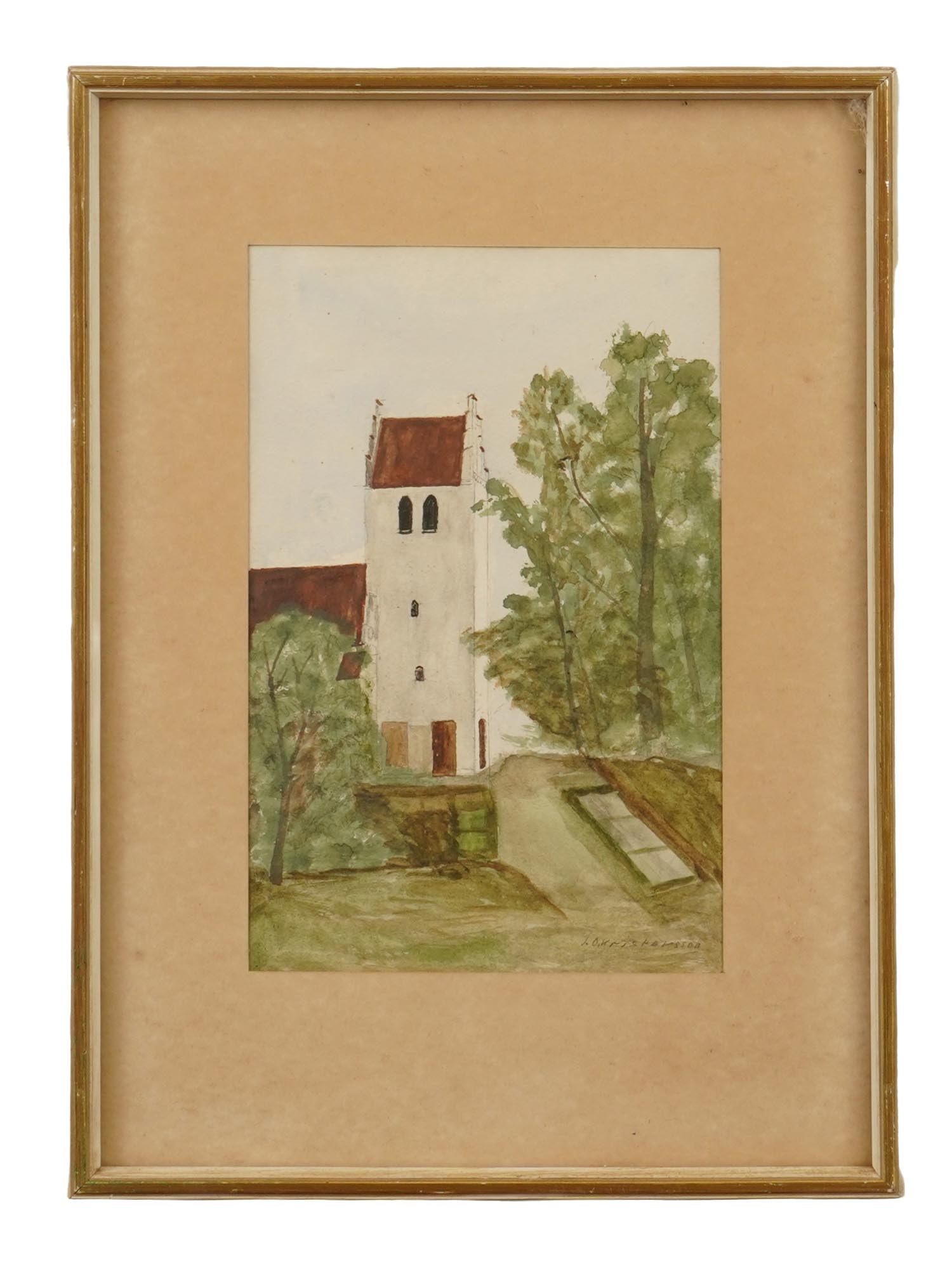 SWEDISH WATERCOLOR PAINTING SIGNED KRISTENSSON: Watercolor on paper painting. Swedish, mid to late 20th century. The artwork depicts a church view. Signed in the lower right, I.O. Kristensson. Titled on the backside, Falsterbo kyrka sid Sekelskifte