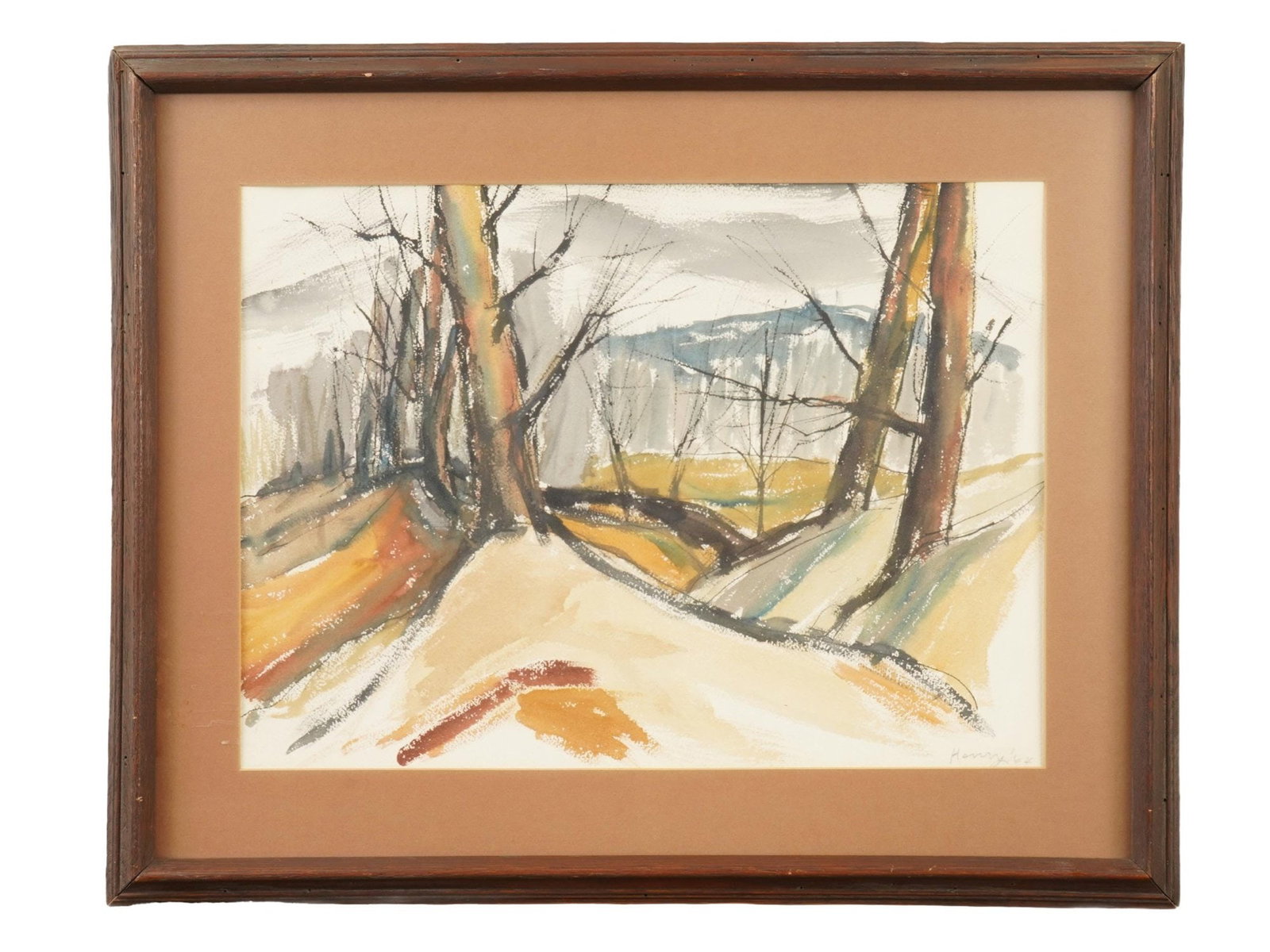 ATTR MICHEL HENRY FRENCH LANDSCAPE WATERCOLOR PAINTING: Attributed to Michel Henry, French, 1928 to 2016, watercolor on paper painting. Autumn forest landscape. Signed and dated 1964 in pencil in the lower right. Matted and framed. Michel Henry studied at 