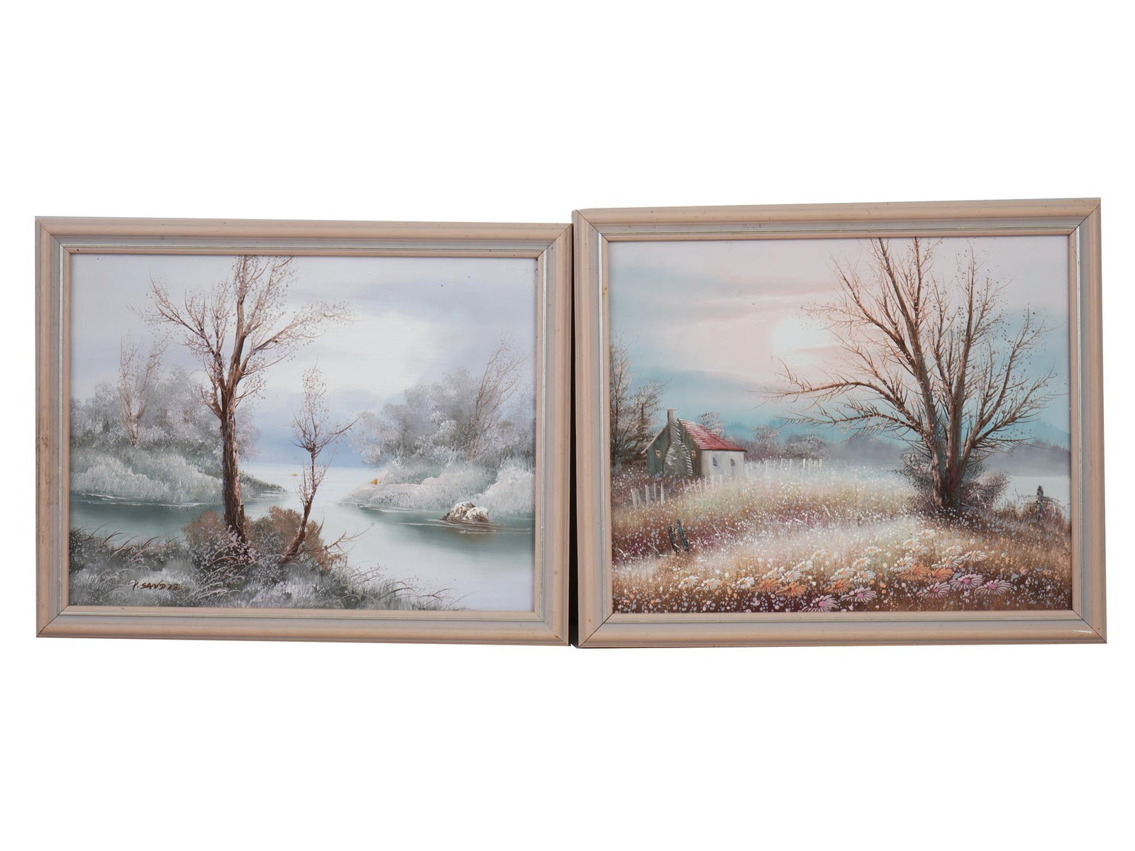 PHILIP SANDEE AMERICAN WINTER LANDSCAPE PAINTINGS: A lot of two acrylic on board paintings by Philip Sandee, 1904 to 1996, an American artist. The artworks represent rural winter landscapes. The first painting is signed by the artist in the lower left