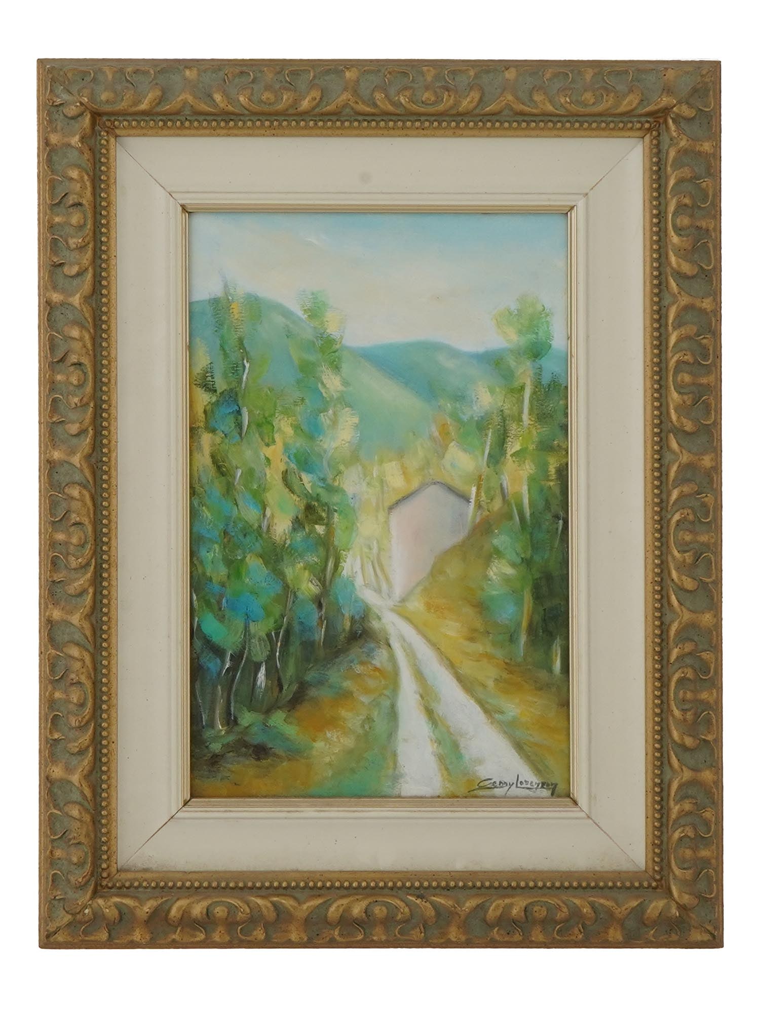 GENNY LORENZON ITALIAN LANDSCAPE OIL PAINTING 2001: Genny Lorenzon, Italian, oil on panel painting depicting a landscape in impressionist style. Signed lower right. Dated 2001. Housed in an ornate gilded wooden frame. Bears a paper inscribed in Italian