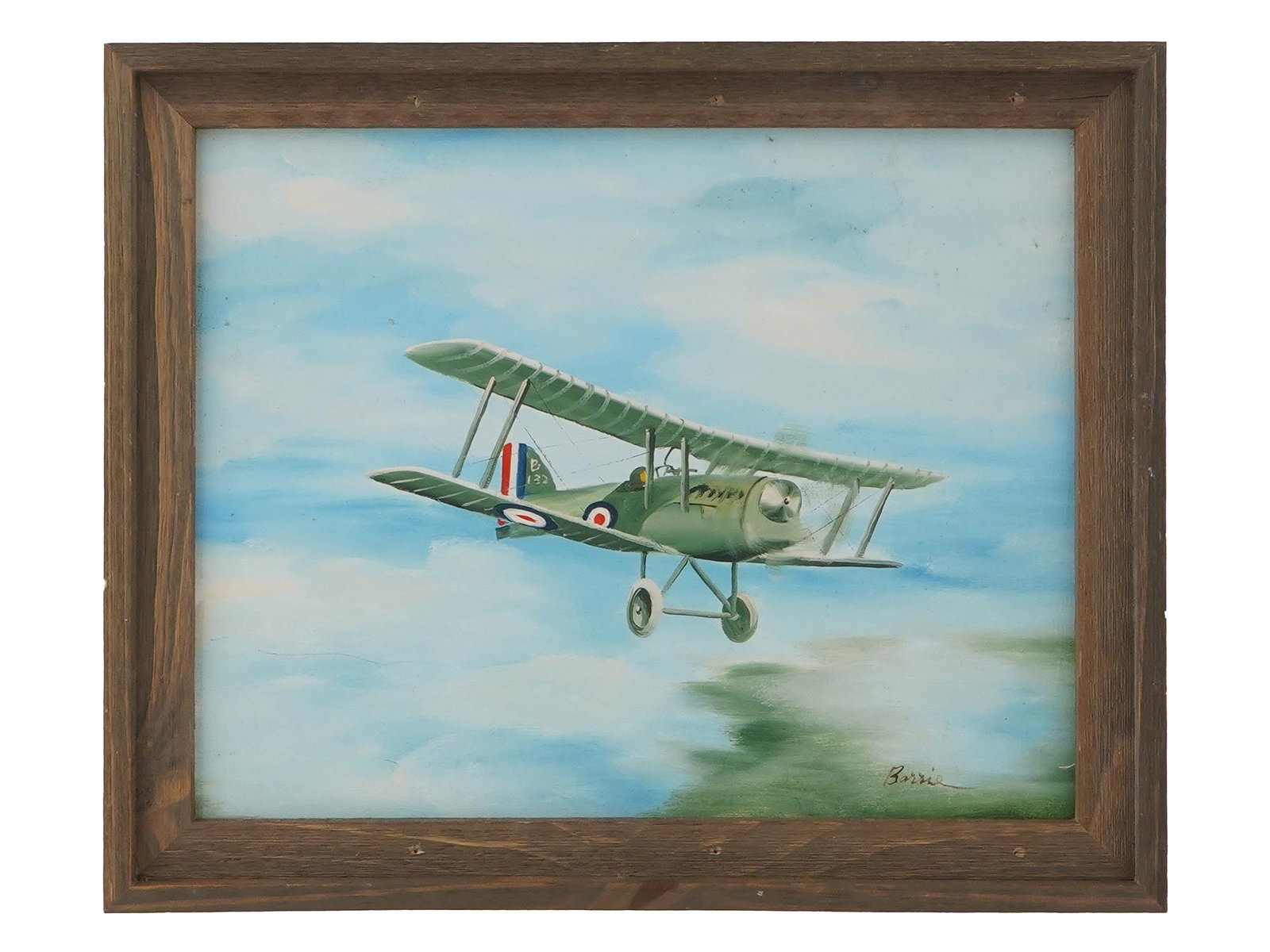 VINTAGE BRITISH MILITARY BIPLANE PAINTING OIL BY BARRIE: A vintage oil on canvas painting of a British military biplane from World War II by Barrie. Signed lower right. Framed. Dated 1973 on the back. Presumably of American origin. Militaria, Fine Art and H