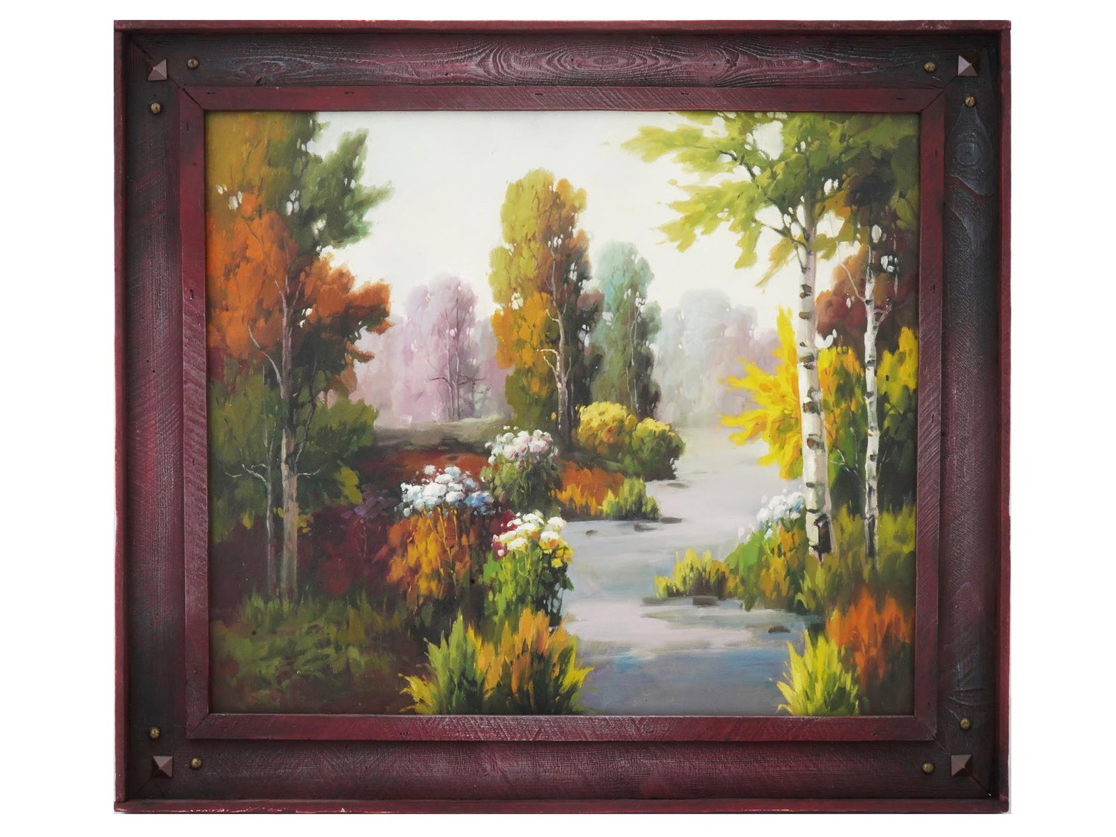 CONTEMPORARY RIVER LANDSCAPE OIL PAINTING FRAMED: A Contemporary oil painting on canvas depicting a forest river landscape in the Post Impressionist manner. Unsigned. Circa: the second half of the 20th century. Framed. Modern and Contemporary Europea