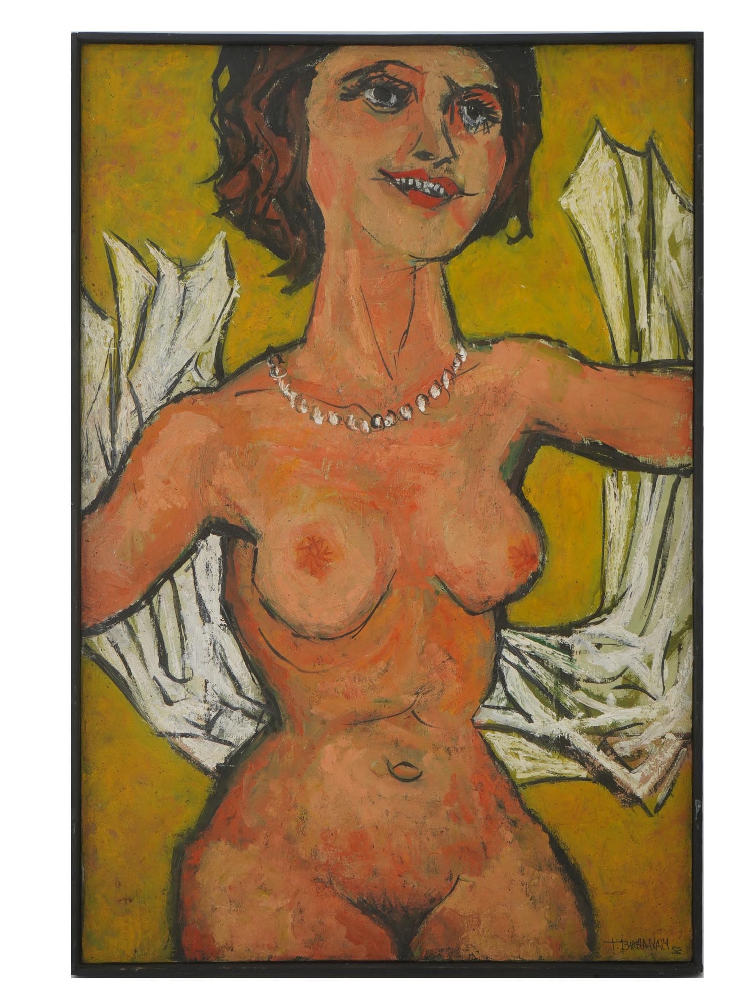 AMERICAN FEMALE NUDE OIL PAINTING BY TOM BUCHANAN: Tom Buchanan, a Modern American artist, oil painting on canvas depicting a figurative female nude portrait, 1953. Signed and dated lower right. Framed. Tom Buchanan was a 20th century American artist,
