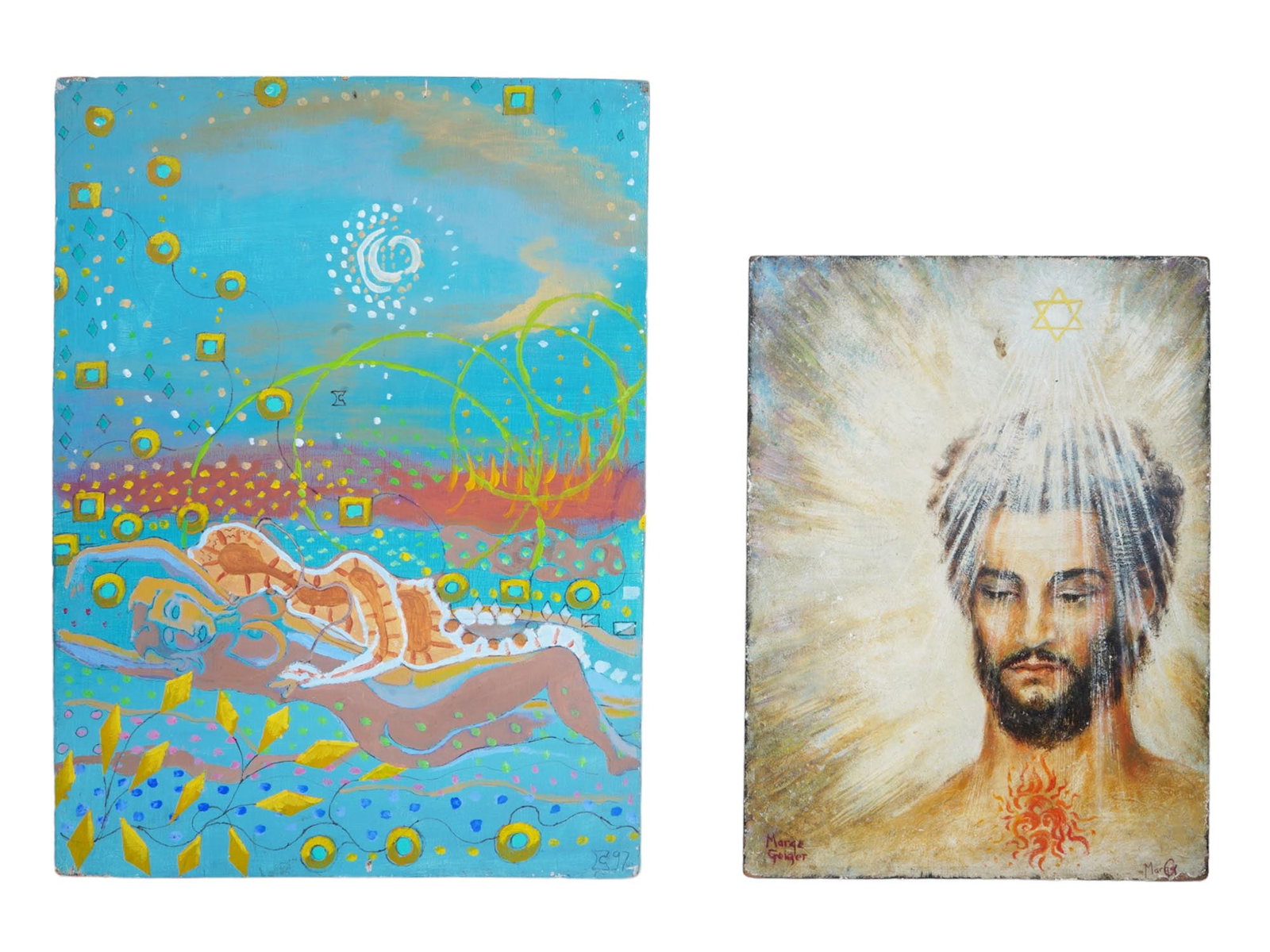 PAINTINGS NUDE FEMALE AND MARGARET GEIGER MALE PORTRAIT: Two oil and mixed media on board paintings. The first painting, signed and dated 1997 in the lower right, features a nude female figure set against surrealistic surroundings. The second painting, titl