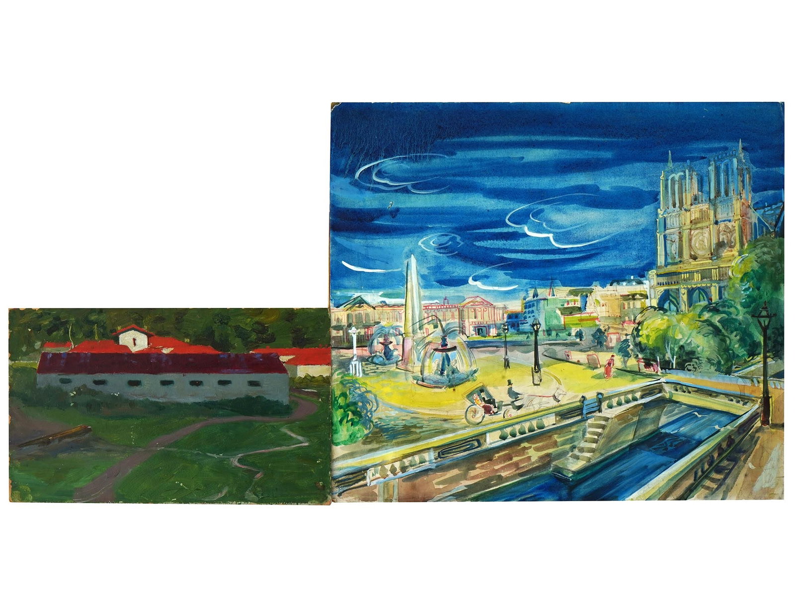 MID CENTURY PAINTINGS PARVIS NOTRE DAME AND LANDSCAPE: Two mid-century paintings. The first is a watercolor on board depicting a view of Parvis Notre-Dame – Place Jean-Paul II in Paris. The second painting is an oil on board showcasing a tranquil rural 