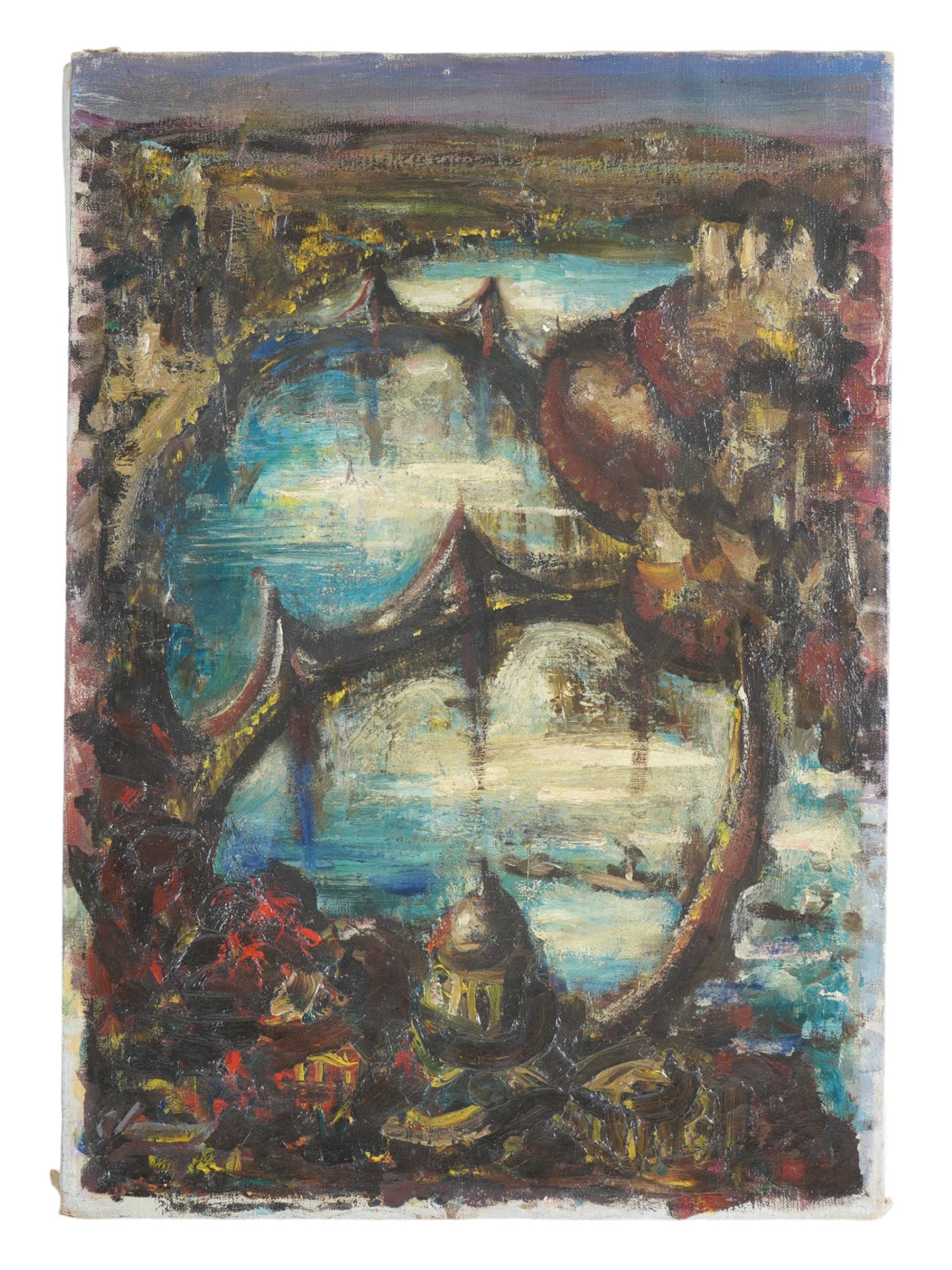 MID CENTURY OIL PAINTING ABSTRACT CITYSCAPE UNSIGNED: A mid-century oil painting on canvas, depicting an abstract cityscape. The paintings modernist style and abstract interpretation make it a compelling example of mid-century artistic innovation. Unsign