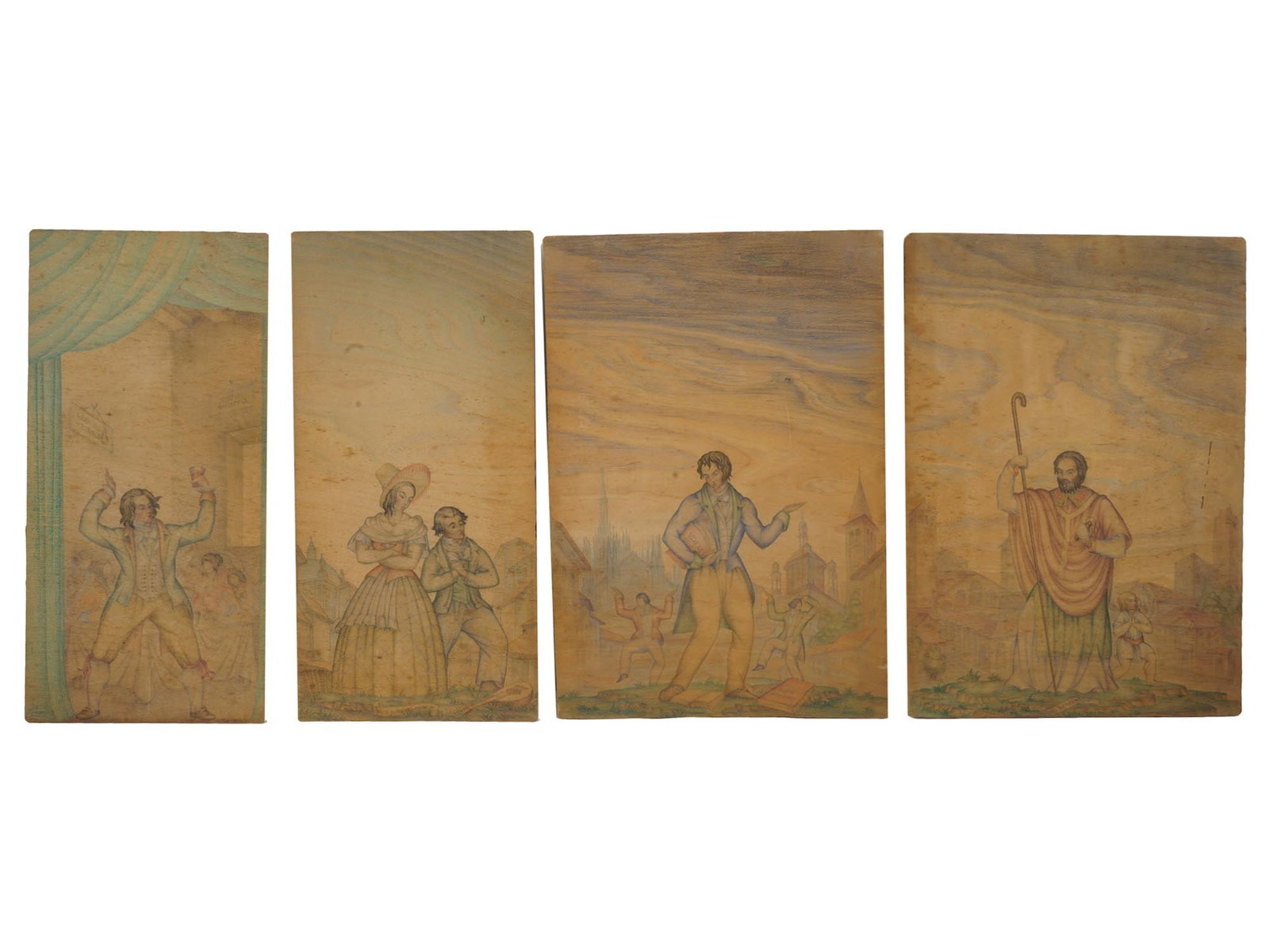 FOUR ITALIAN PAINTINGS ON WOOD PANELS BY SILVIO ROBBIATI: Silvio Robbiati, an Italian artist, set of four pencil paintings on wooden panels depicting religious genre scenes. Each board is signed by the artist, Silvio Robbiati, in the lower part. Antique and 