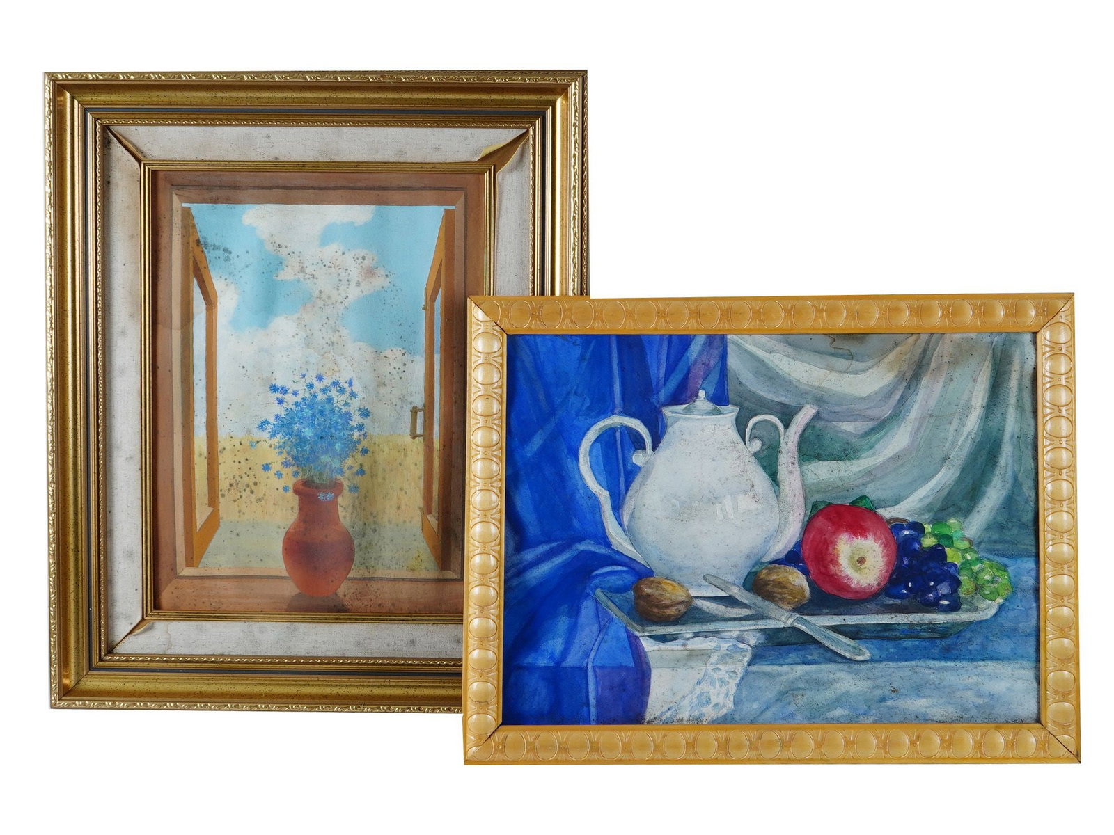 VINTAGE STILL LIFE WATERCOLOR AND GOUACHE PAINTINGS: A lot of two vintage still life watercolor on paper and gouache on board paintings. Circa the late 20th century. The first artwork features a still life with a ceramic vase and cornflowers. Signed wit