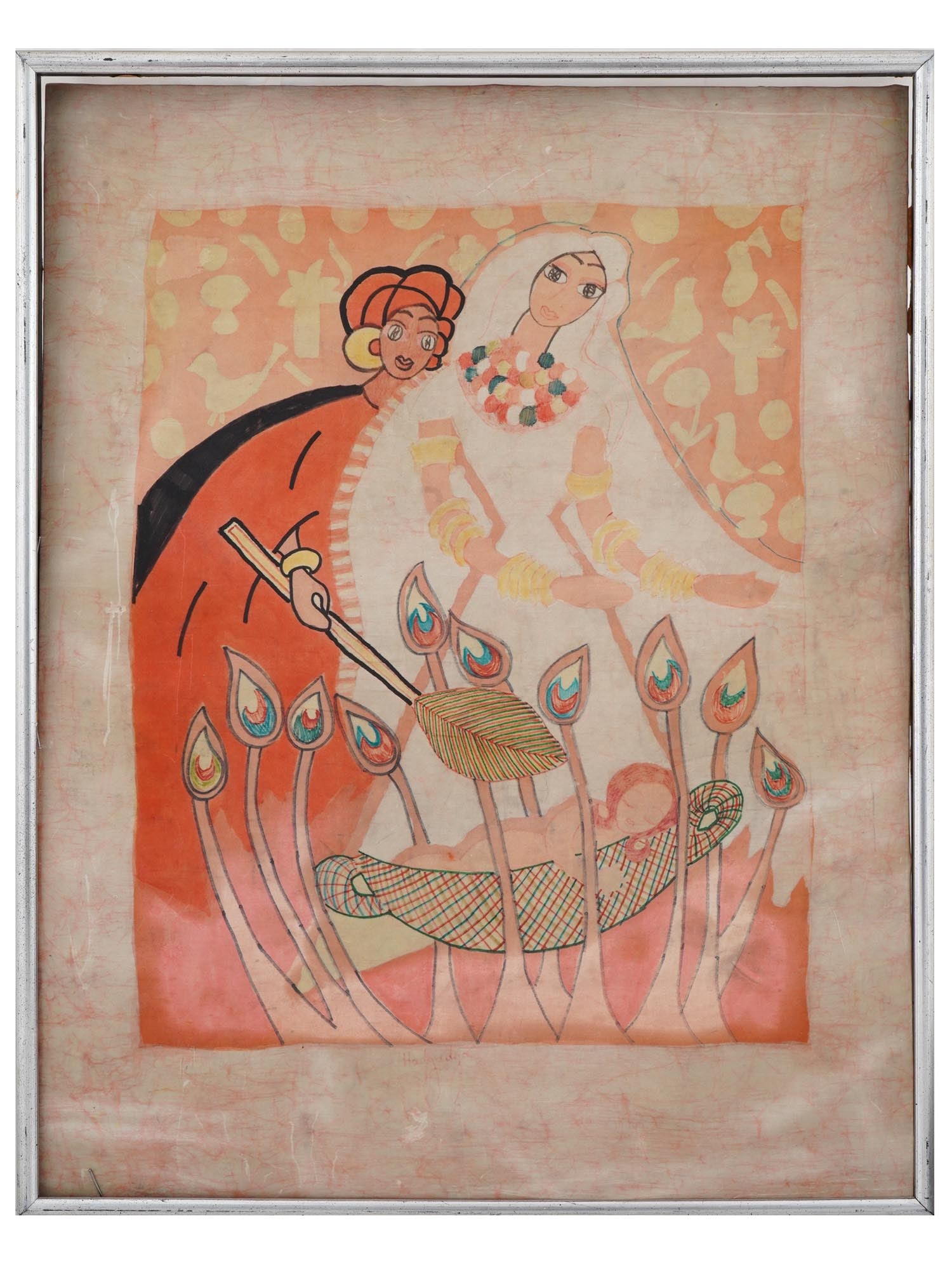 ATTR TO MIRIAM HAD GADYA MIXED MEDIA SILK PAINTING: Mixed media painting on silk. Attributed to Miriam Nissenholtz, known as Had Gadya, 1895 to 1982, an Israeli artist, one of the founders of the Tomer art cooperation in Tel-Aviv. The artwork depicts a