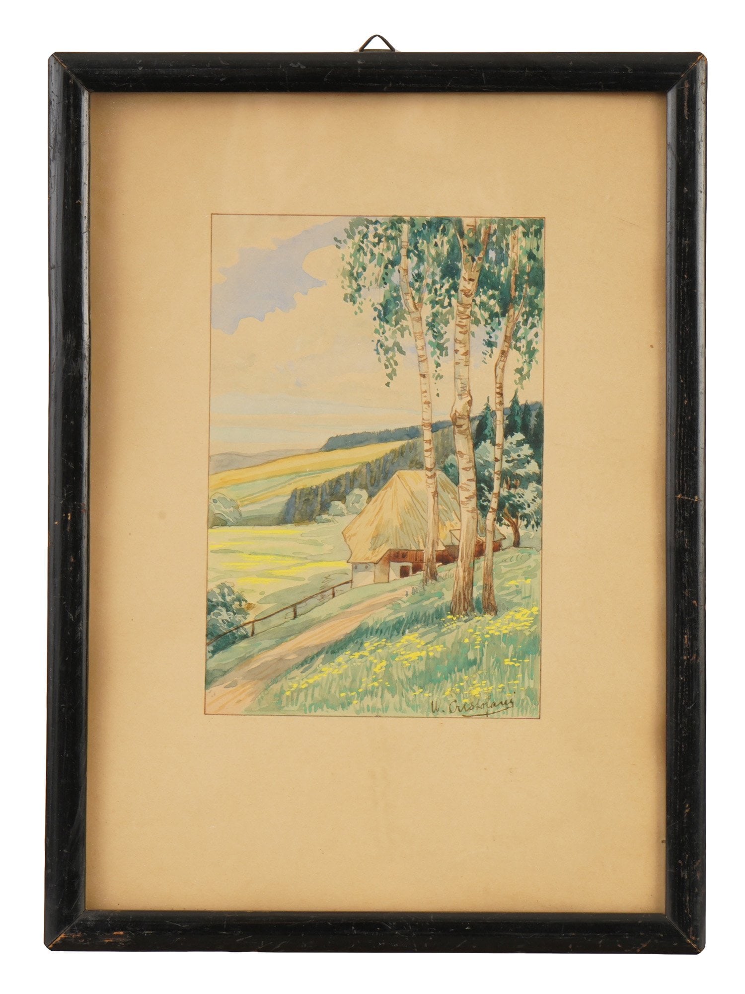 LANDSCAPE WATERCOLOR PAINTING SIGNED W. CRISTOFANI: Watercolor painting on paper. European, presumably Italian, early 20th century. View of a farmers hut in a valley. Signed lower right, W. Cristofani. Matted and framed. Collectible Fine And Graphic Ar