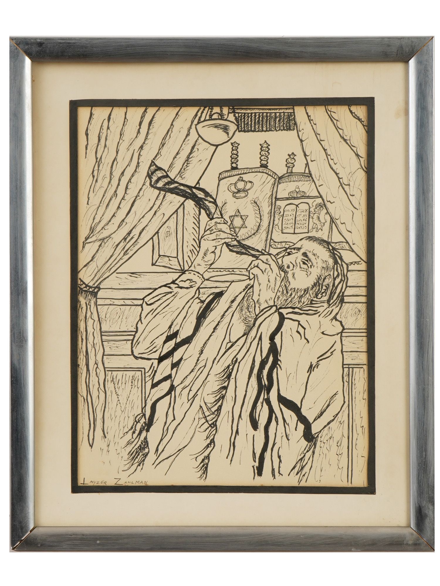 JUDAIC MIXED MEDIA PAINTING SIGNED LAYZER ZAHLMAN: A mixed media painting on paper signed Layzer Zahlman. Depicts a traditional Judaic scene of a man blowing the shofar. Executed in a combination of ink and pencil, the composition illustrates a bearde