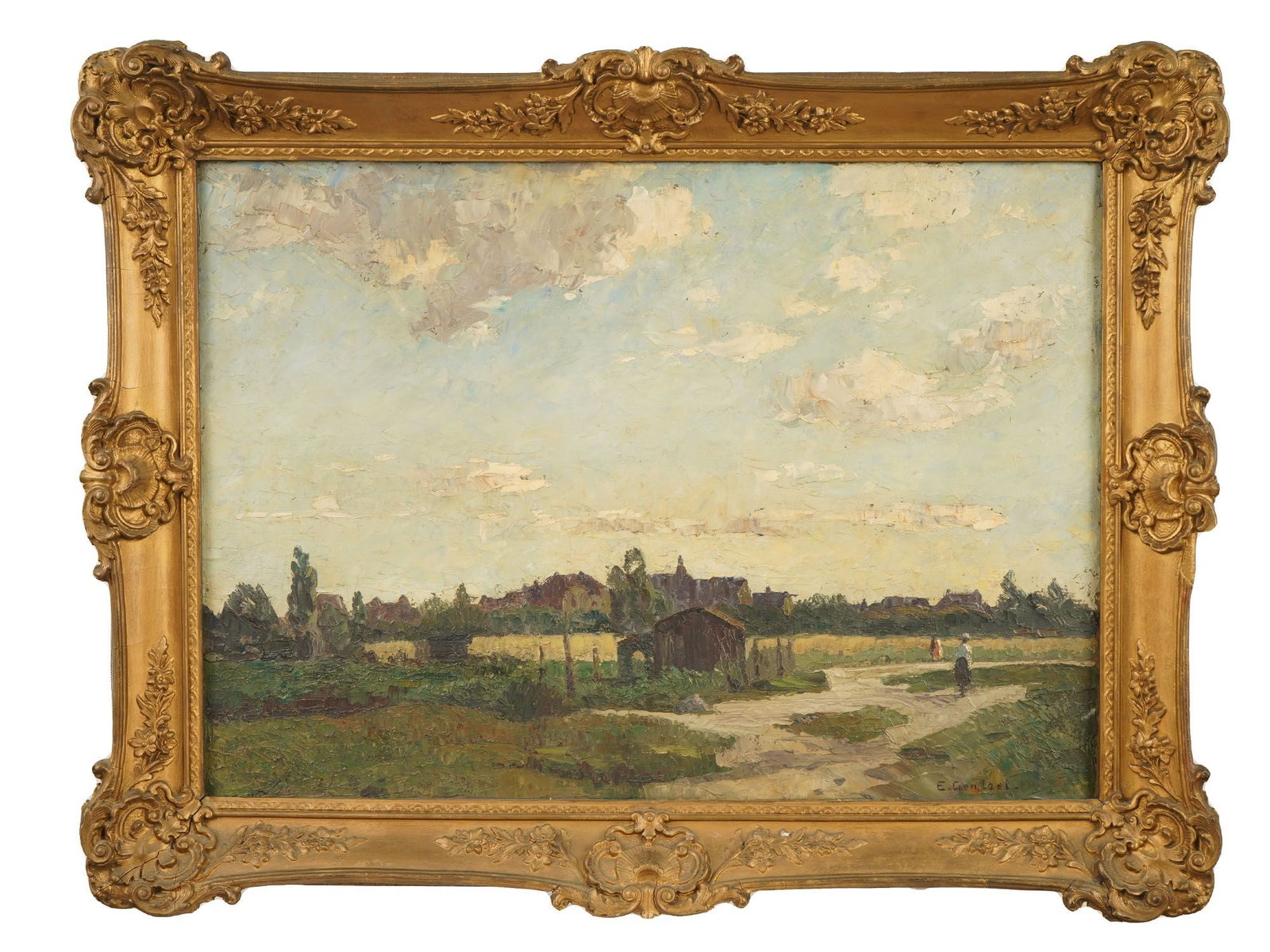 OIL DOUBLE SIDE LANDSCAPE PAINTING BY ERNST GENTZEL: An antique oil on canvas double side landscape painting by Ernst Gentzel, 1872 to 1936, German Impressionist artist. depicting a wide pastoral landscape with a figure in the foreground and a distant v