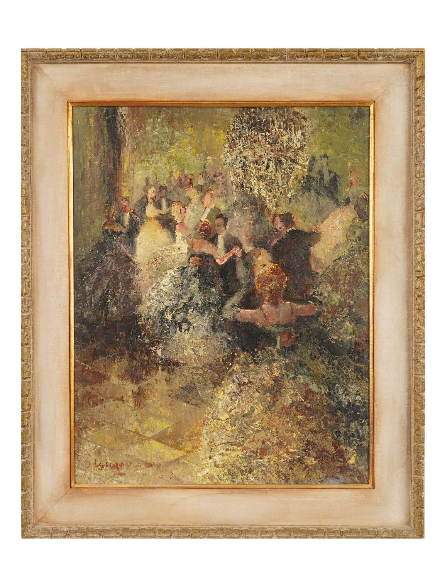 GERMAN IMPRESSIONIST OIL PAINTING BY LUDWIG GSCHOSSMANN: An oil on canvas genre scene ballroom painting by Ludwig Gschossmann 1894 to 1988, German Impressionist artist. The painting depicts a crowded dance hall, illuminated by luxurious crystal chandeliers,