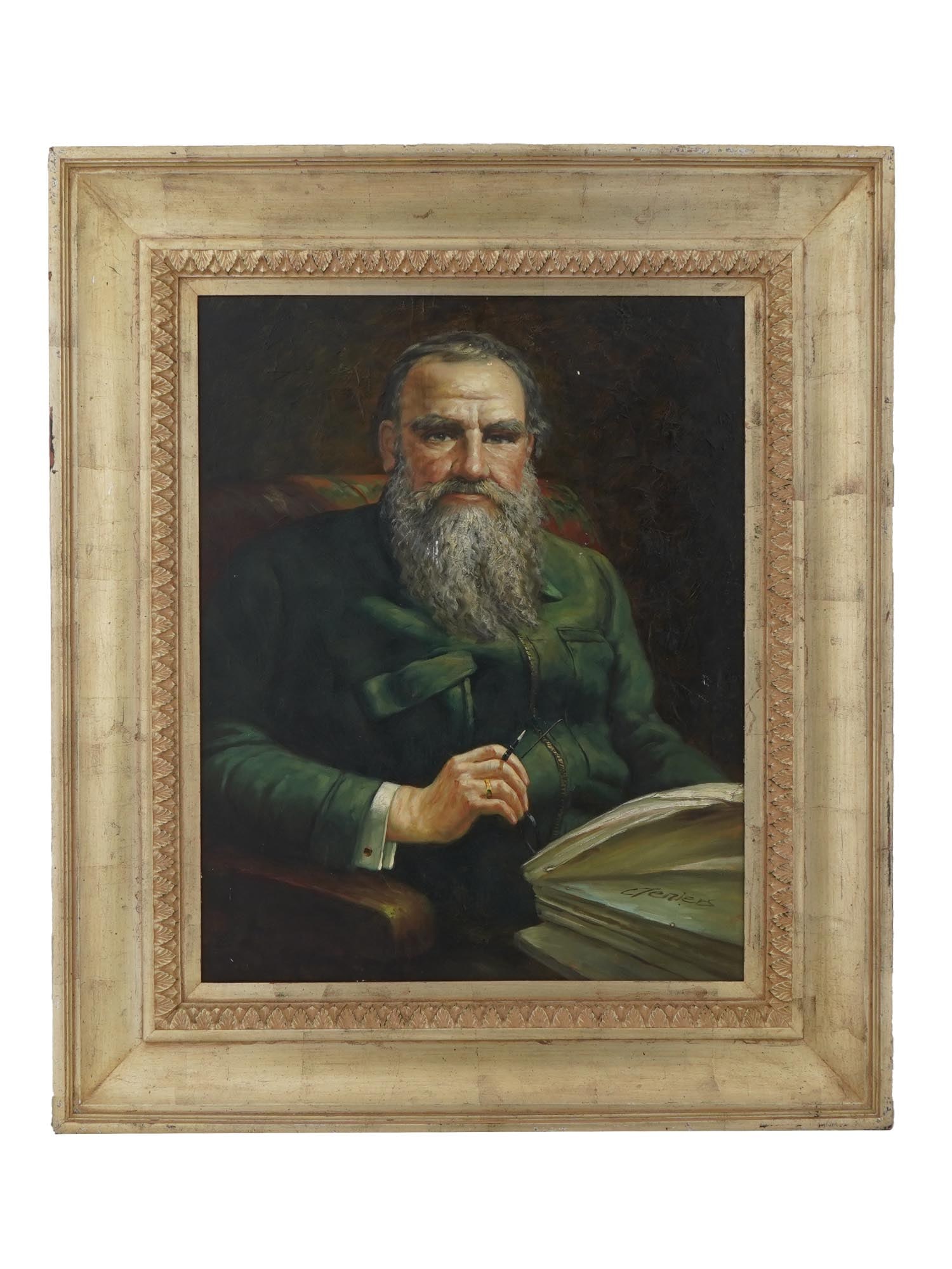PORTRAIT PAINTING OF RUSSIAN AUTHOR LEO TOLSTOY: An oil painting on canvas depicting a portrait of Russian author Leo Nikolayevich Tolstoy, 1828 to 1910, shown in his later years with expressive realism. Tolstoy is considered one of the giants of Ru