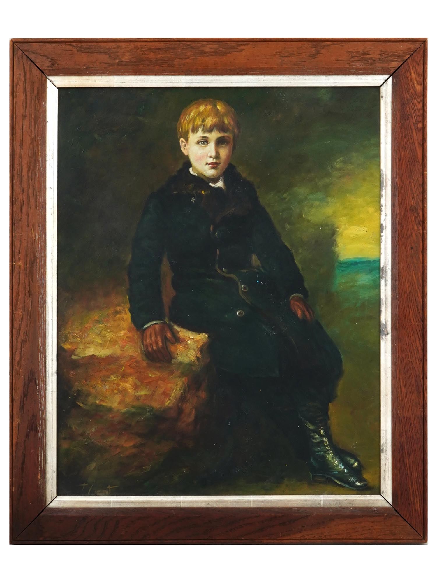 PORTRAIT OIL PAINTING AFTER JOHN EVERETT MILLAIS: An oil painting on board depicting a portrait of a child after the original portrait of Cecil Webb, seated full length, wearing a black coat with a fur collar, 1887, by Sir John Everett Millais, 1829 