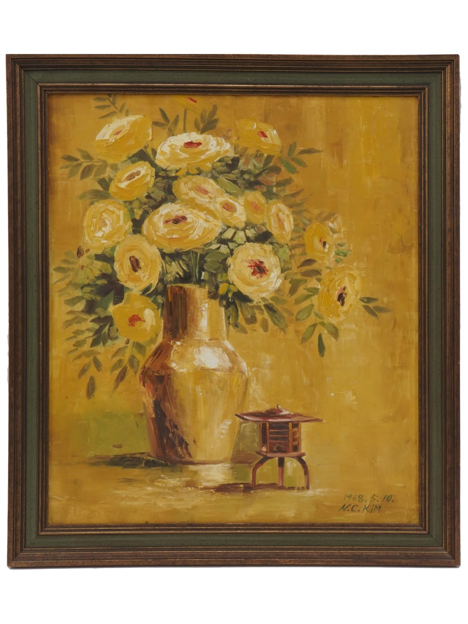 KOREAN STILL LIFE OIL PAINTING SIGNED BY ARTIST: A Modern South Korean school oil painting on canvas depicting a still life with flowers in the manner of Impressionism, 1968. Signed by the artist, N. C. Kim, and dated lower right. Framed. Impression