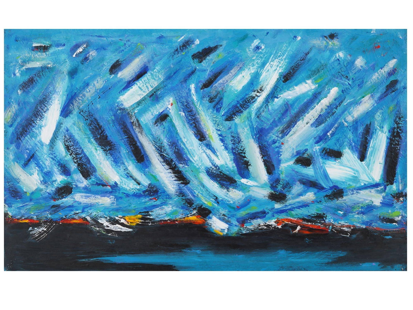 MANNER OF BENJAMIN BUTLER AMERICAN ASTRACT ACRYLIC PAINTING: Acrylic on board painting in the manner of Benjamin Butler, born 1975, an American artist based in Vienna, Austria. This lot is an abstraction in blue color palette which makes it resemble a seascape.