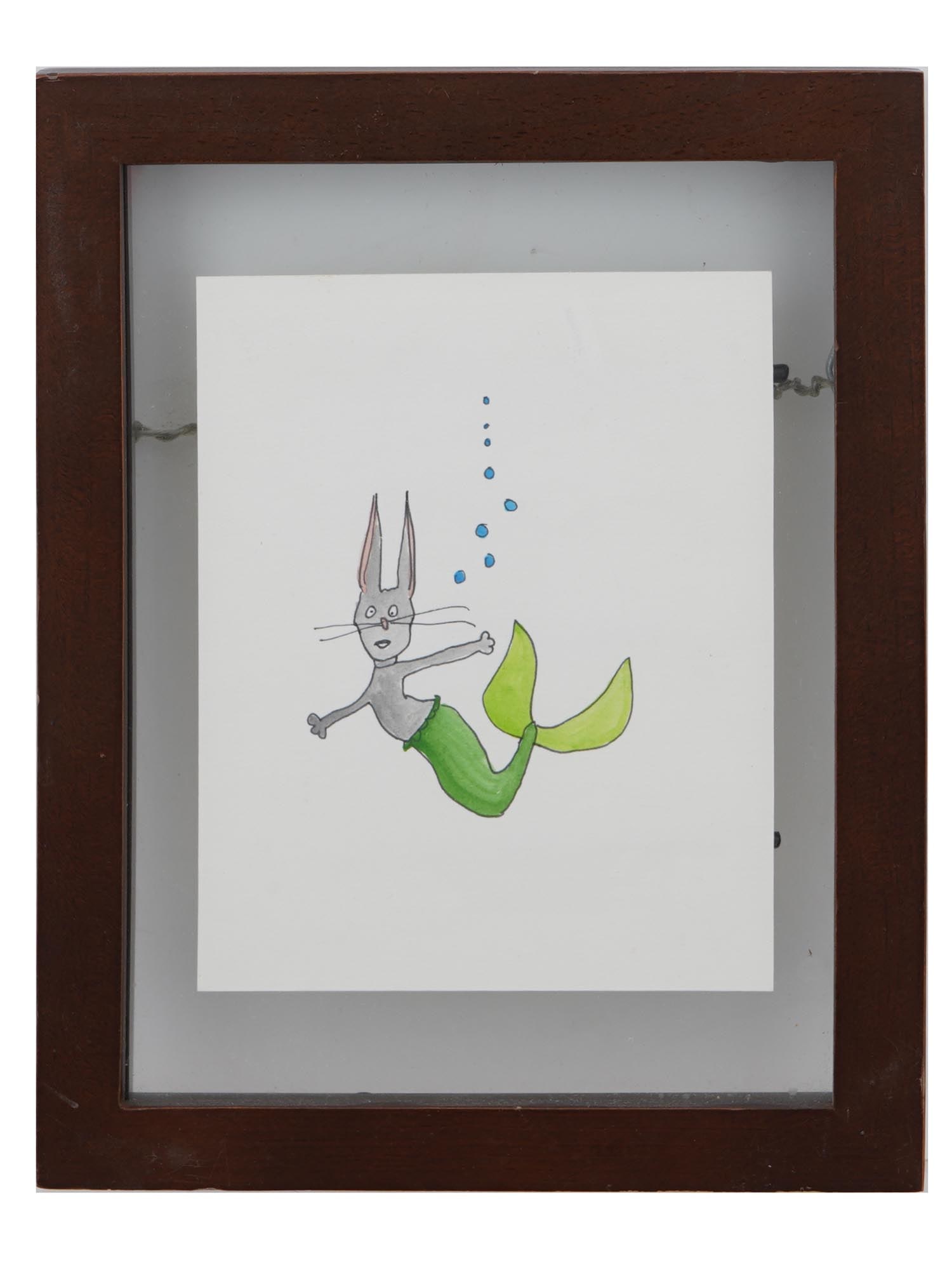 JENNIFER MILLS CONTEMPORARY MIXED MEDIA PAINTING: Felt-tip pen and ink on paper painting. American. The piece depicts a half-hare half-mermaid underwater. Naive pictorial manner. Signed by the artist on the backside, Jennifer Mills. Titled As Seen On