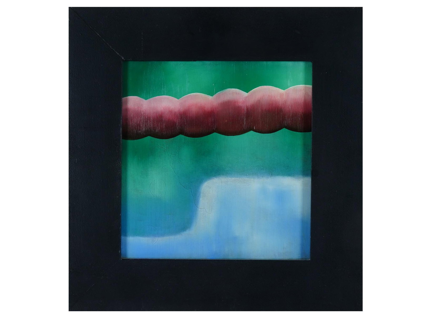 BRADEN CLARY CONTEMPORARY ABSTRACT OIL PAINTING: Oil on wood panel painting by Braden Clary, a contemporary American artist. The artwork is an abstract composition in red, green, and blue. Unsigned. Framed. Denise Bibro Fine Art Gallery NYC card is 