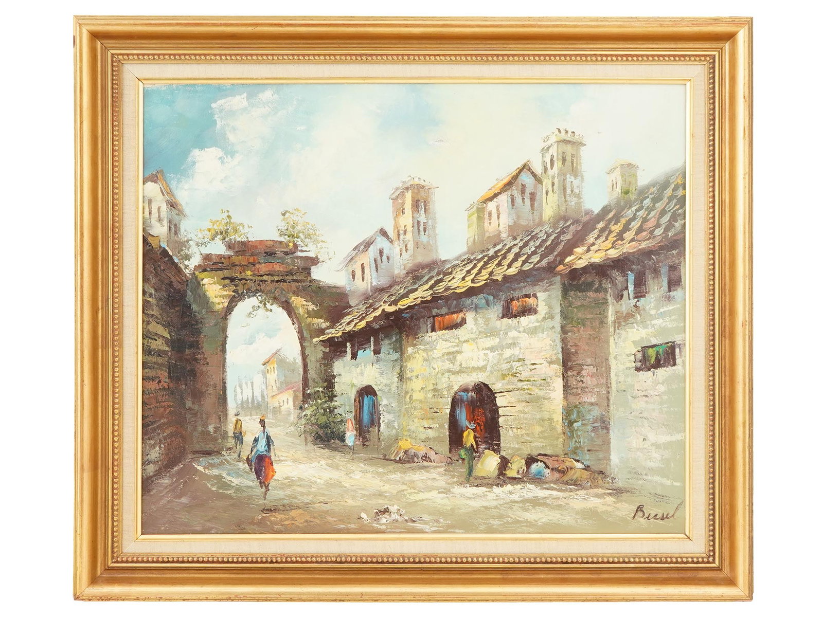 TOWNSCAPE GENRE SCENE OIL PAINTING SIGNED BY ARTIST: An oil painting on canvas depicting a genre scene in a townscape in the Post Impressionist manner. Signed by the artist, Bessel, lower right. Framed. Modernist and Contemporary Fine Art, Cityscape and