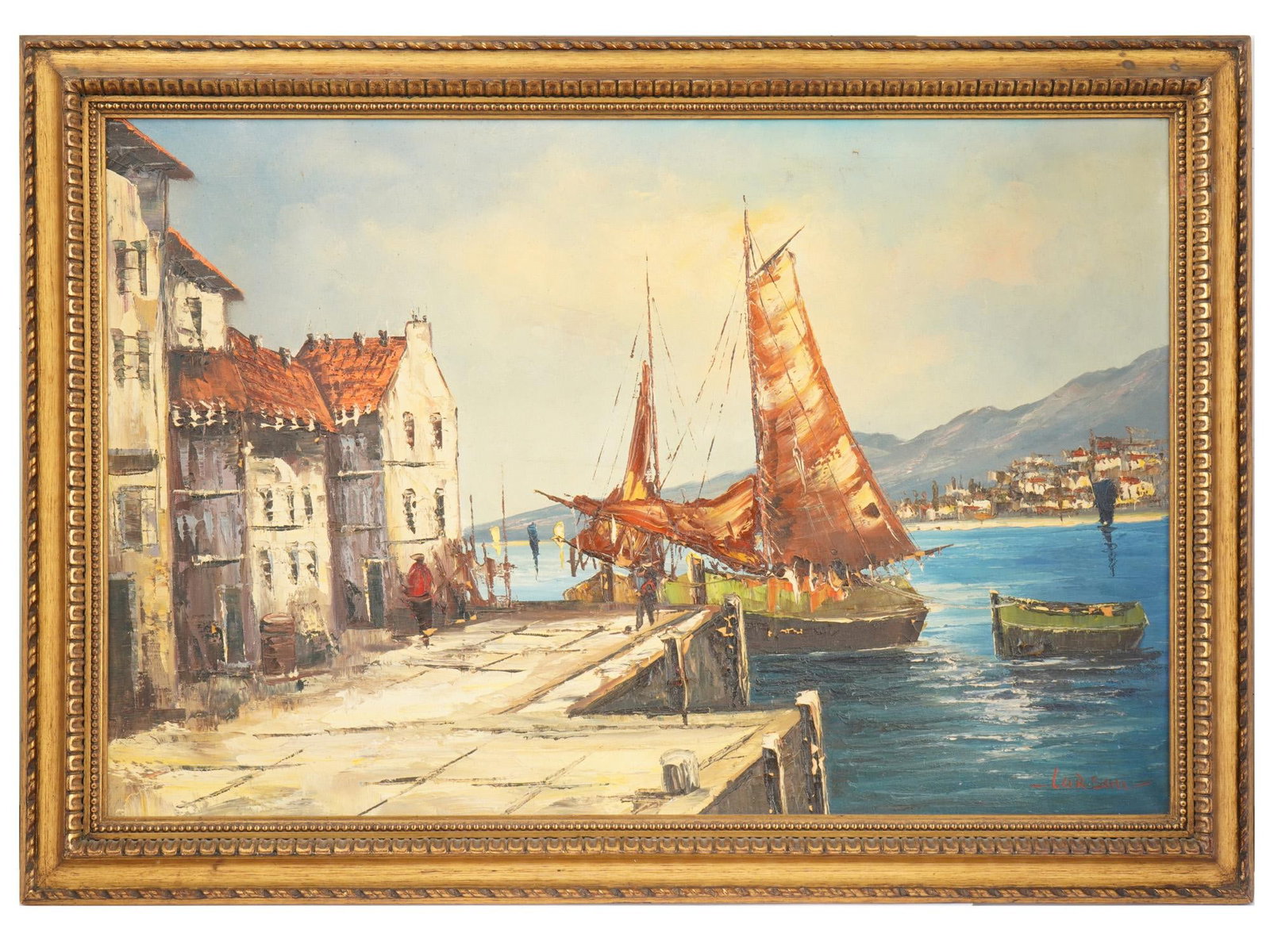 ANTIQUE OIL ON CANVAS CITYSCAPE PAINTING BY LARSAU: An antique oil on canvas cityscape painting by Larsau. Circa early to mid 20th century. The painting depicts a pier with sailboats and several human figures against a backdrop of mountains and a sea. 