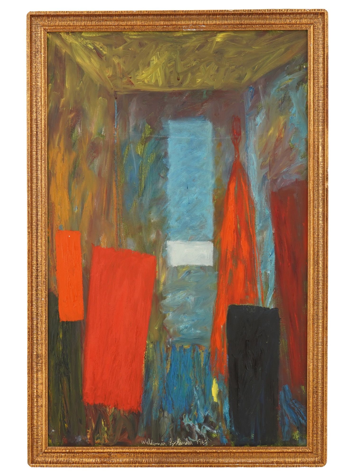 VTG OIL ABSTRACT PAINTING BY WALDEMAR SJOLANDER 1968: A vintage oil on canvas abstract painting by Waldemar Sjolander, 1908 to 1988, a Swedish painter, printmaker and sculptor, who developed most of his career in Mexico. The composition utilizes a palett