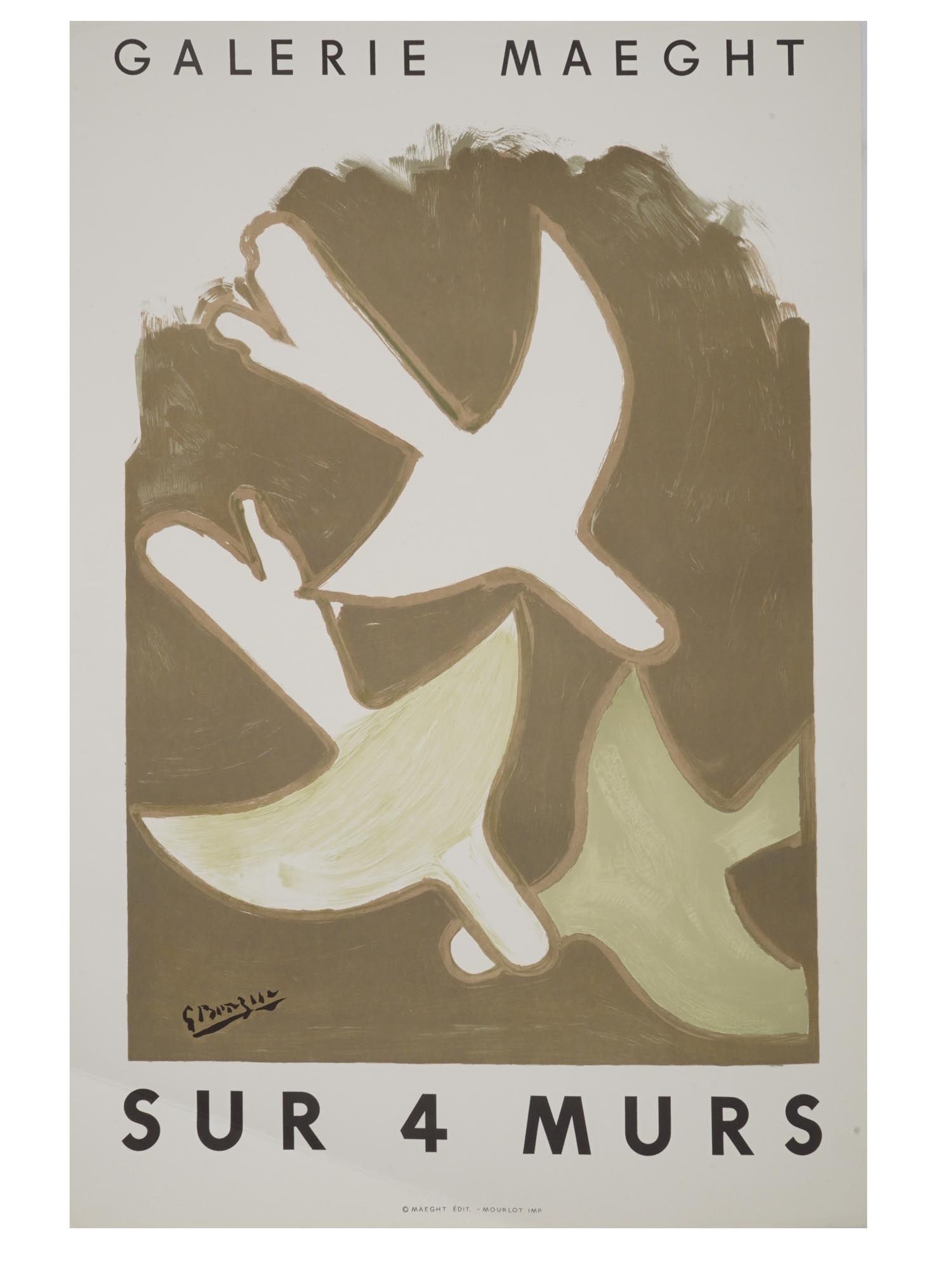 1959 FRENCH GEORGE BRAQUE EXHIBITION POSTER PRINT: A lithographic poster print for Braques 1959 exhibition at the Galerie Maeght, depicting flying doves in a painterly style. Signed in the print, lower left. Titled, On 4 Walls. The poster was included